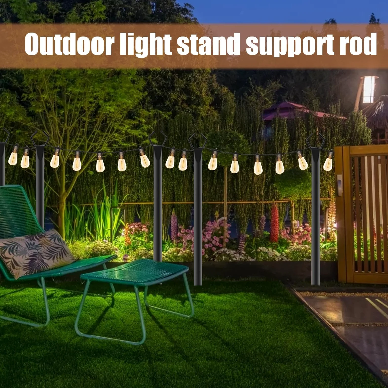 Pali per luci a corda, 2 supporti da giardino, 300 cm, in metallo, per giardino e prato, struttura resistente per patio, cortile, illuminazione esterna e installazione