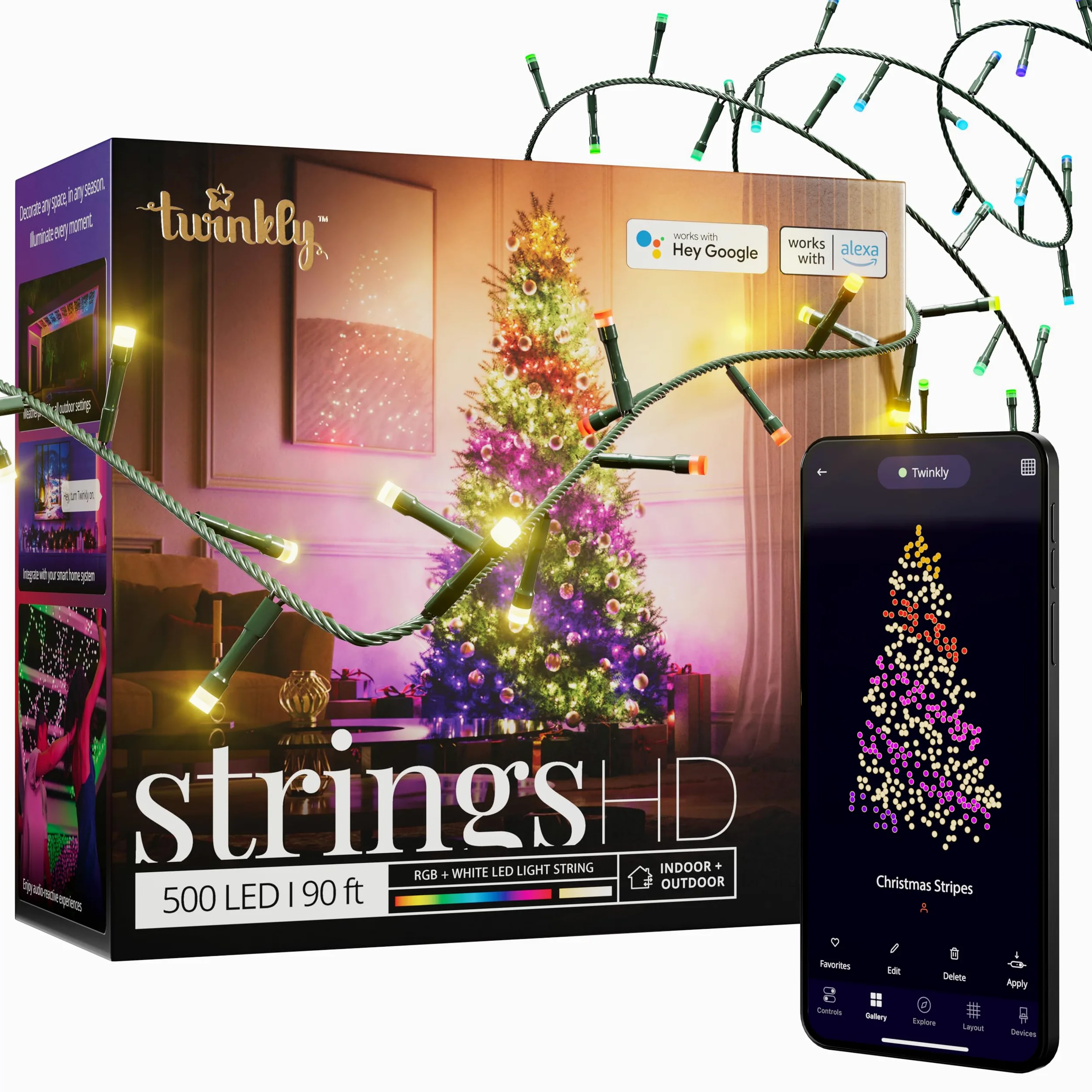 Twinkly Strings HD – 500 RBG + Warm White LEDs, 27.5 Meters, Green Wire, Indoor/Outdoor Lighting Decoration