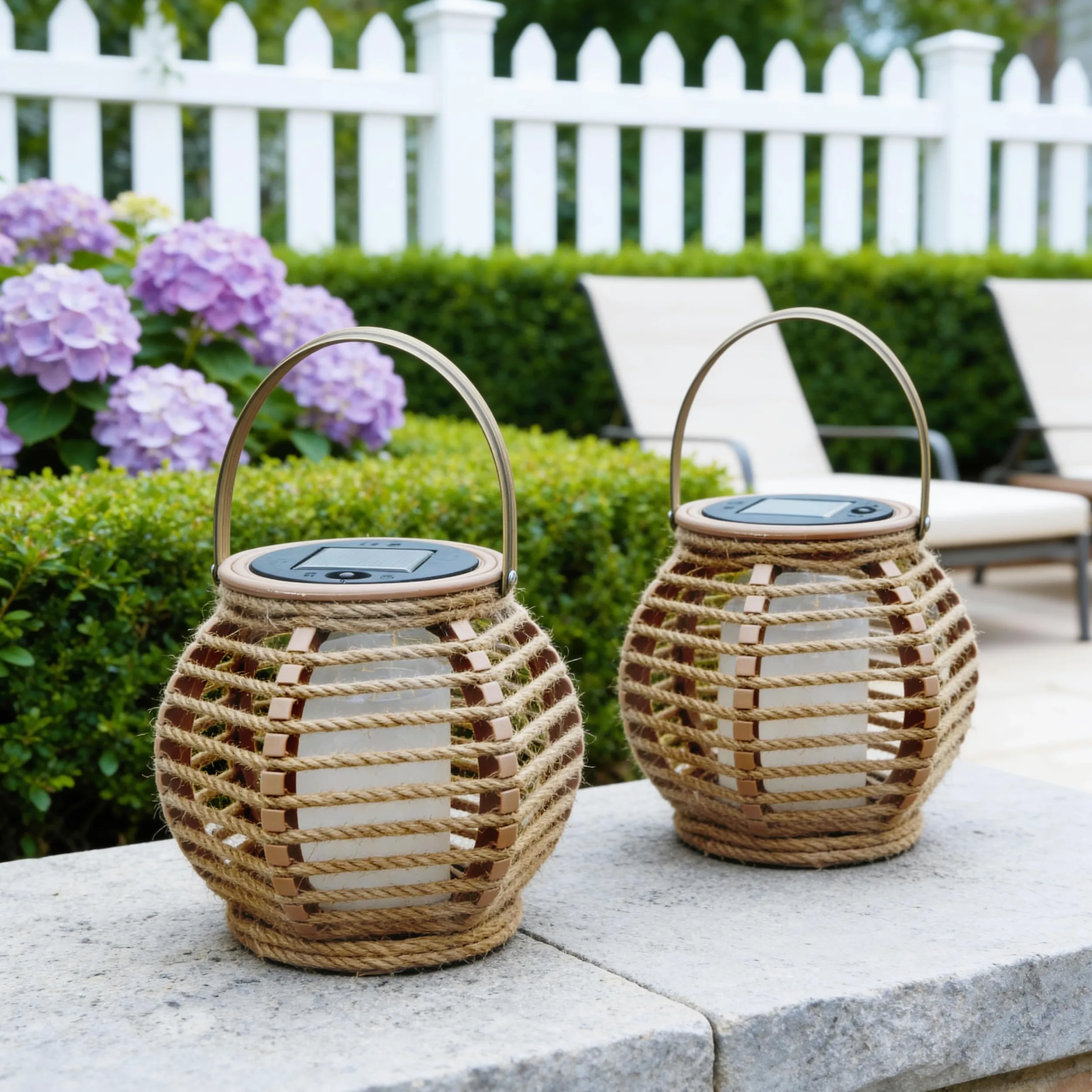 Lanterna solare per esterni, set di 2 lampade solari da giardino con accensione e spegnimento automatico, lanterna intrecciata in fibra naturale, bianco caldo, impermeabili, per terrazza, balcone