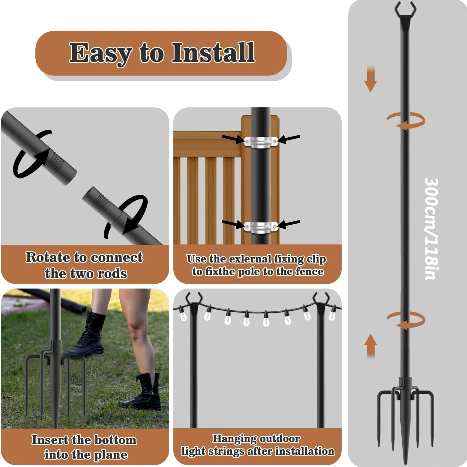 Pali per luci a corda, 2 supporti da giardino, 300 cm, in metallo, per giardino e prato, struttura resistente per patio, cortile, illuminazione esterna e installazione