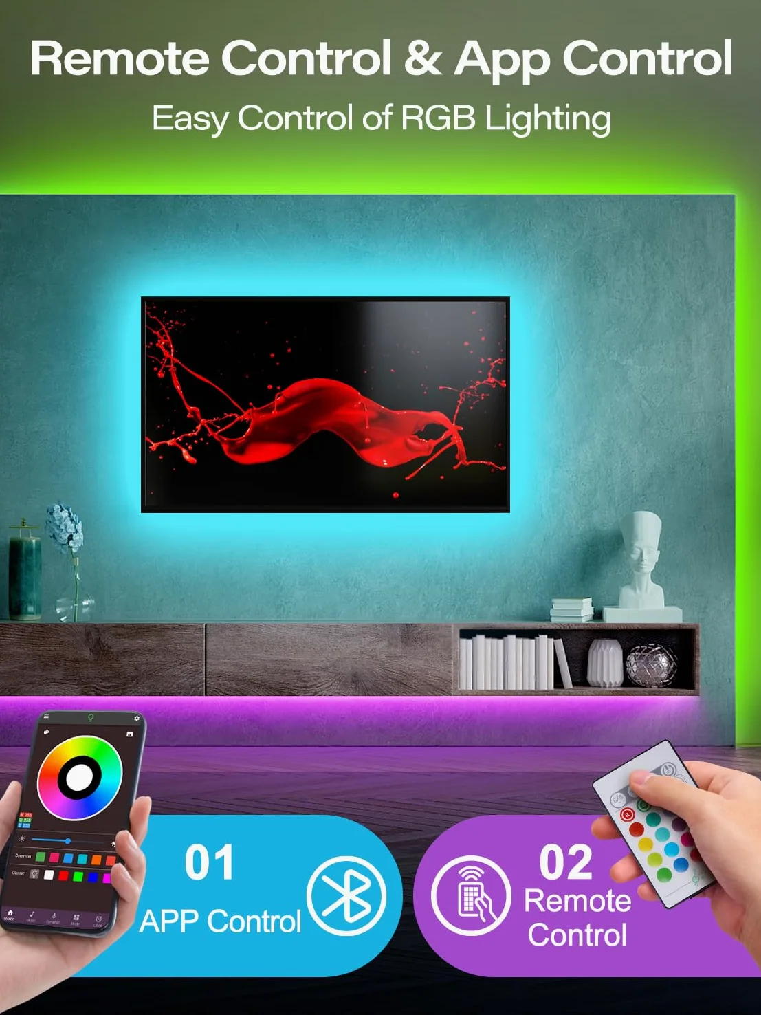 GANZQH - Luci LED da 20 piedi per TV, retroilluminazione a LED per TV da 32 a 80 pollici, striscia luminosa a LED USB con telecomando, controllo app, striscia luminosa a LED RGB, sincronizzazione