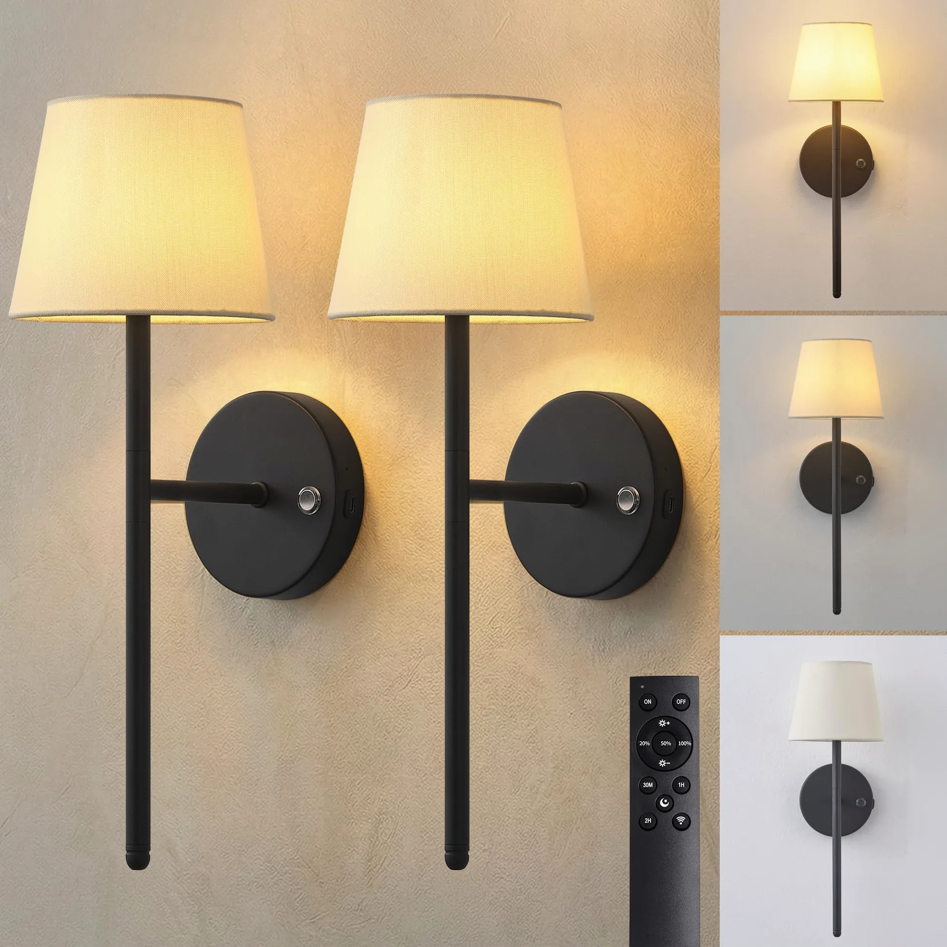 Set di 2 lampade da parete ricaricabili senza fili, alimentate a batteria, 5200 mAh, dimmerabili, lampade da parete senza fili con telecomando, applique con paralume in tessuto, illuminazione
