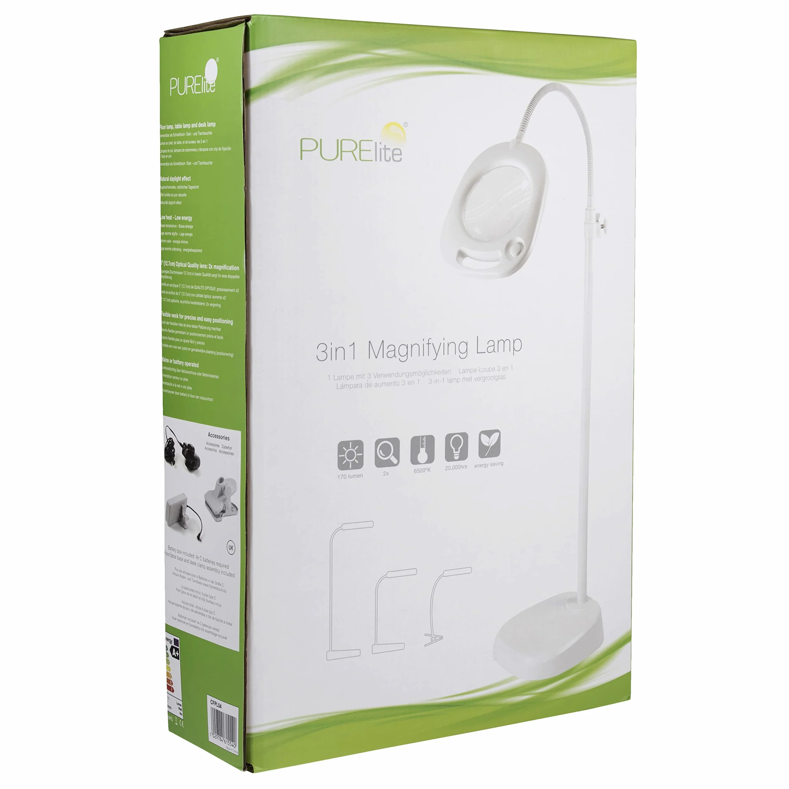 PURElite LED Lampada da Terra con ingrandimento, Lampada da Tavolo Regolabile, Alimentazione a Rete o a Batteria, Bianco