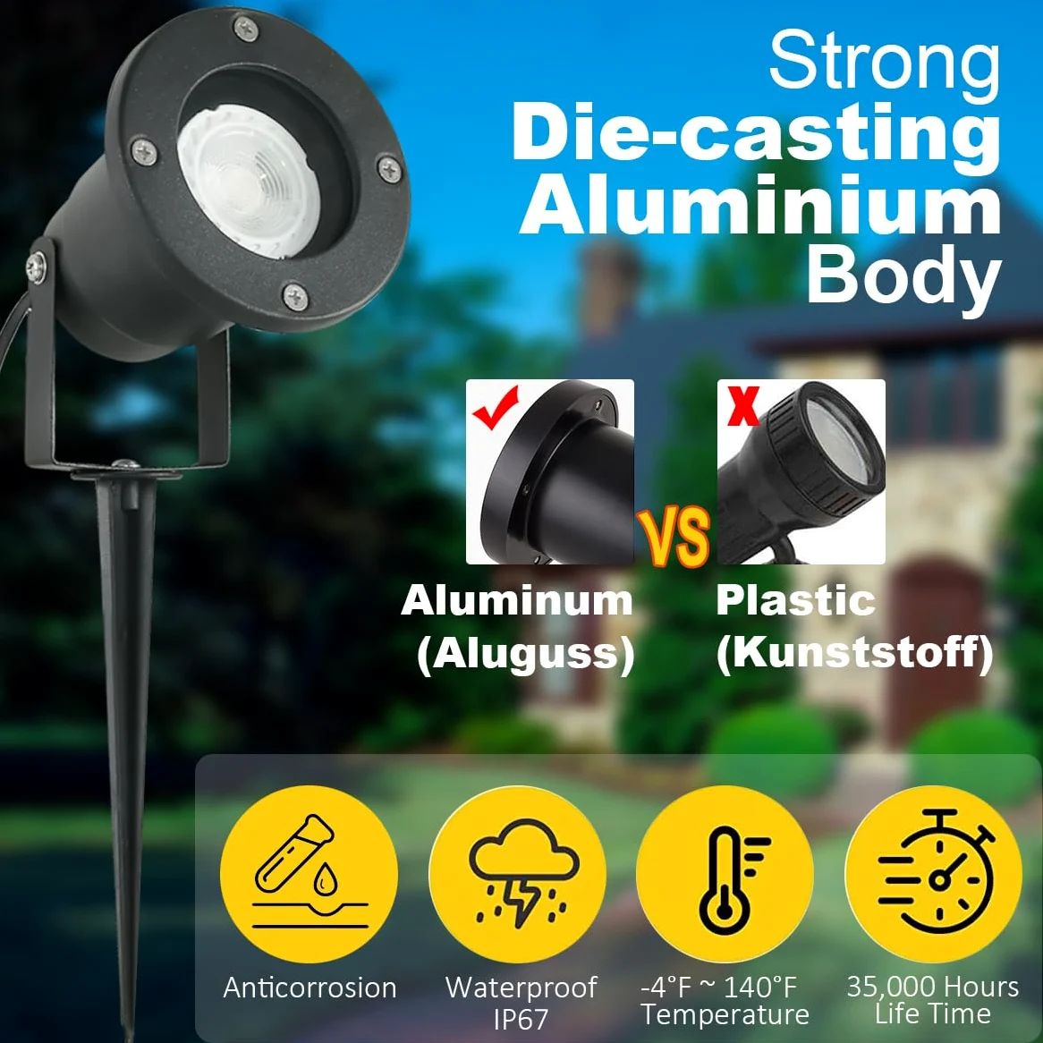 OMSEN Faretto LED da Giardino con Picchetto GU10, Luce Calda 3000K, Corpo in Alluminio Anticorrosione, Lampadina GU10 Sostituibile, Faretti da Esterno con Picchetto per Giardino, Prato, Albero
