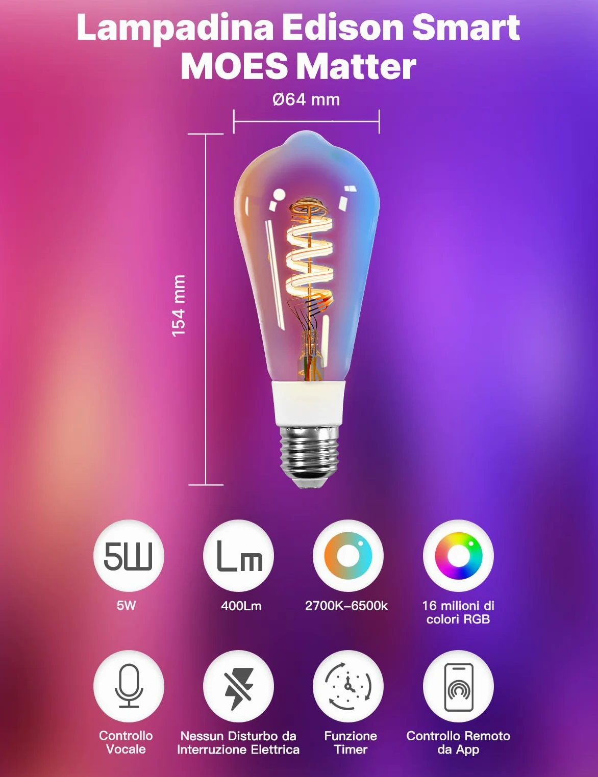 MOES Matter WiFi Lampadina intelligente RGB E27 compatibile con Alexa | Google Home, Apple Home, 5W 400LM 2700K-6500K RGB dimmerabile 16 Milioni di Colori, 2.4GHz