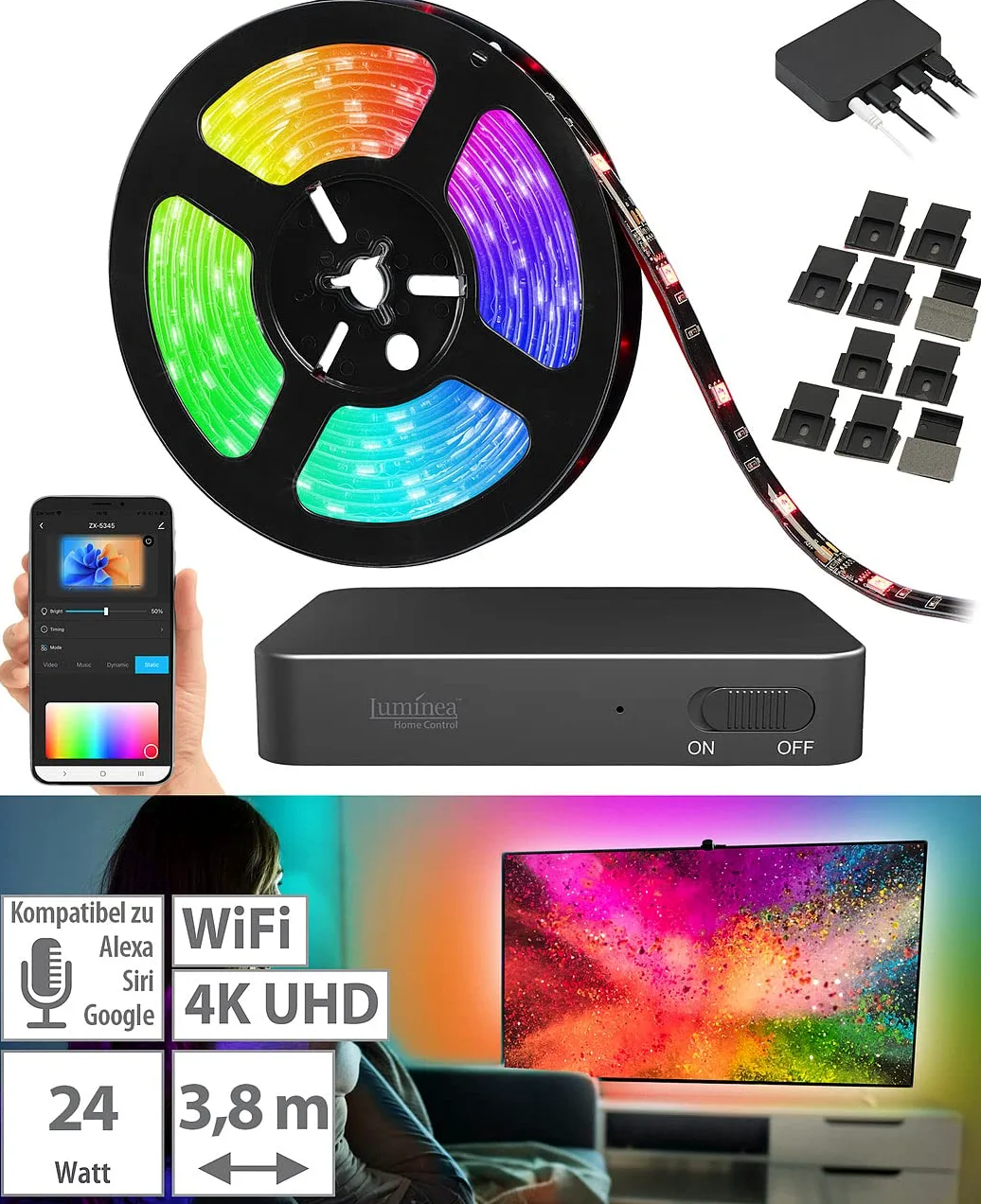Luminea Home Control TV-Sync-Box HDMI con striscia LED RGBIC 3,8 m per TV 55-65", WiFi, 4K