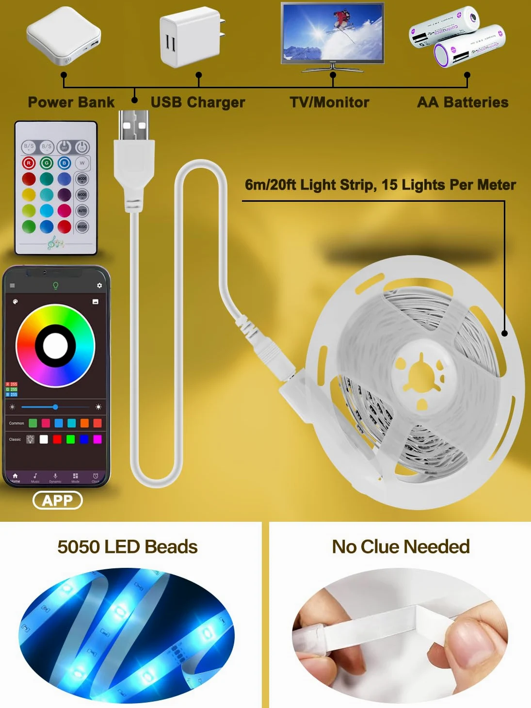 GANZQH - Luci LED da 20 piedi per TV, retroilluminazione a LED per TV da 32 a 80 pollici, striscia luminosa a LED USB con telecomando, controllo app, striscia luminosa a LED RGB, sincronizzazione