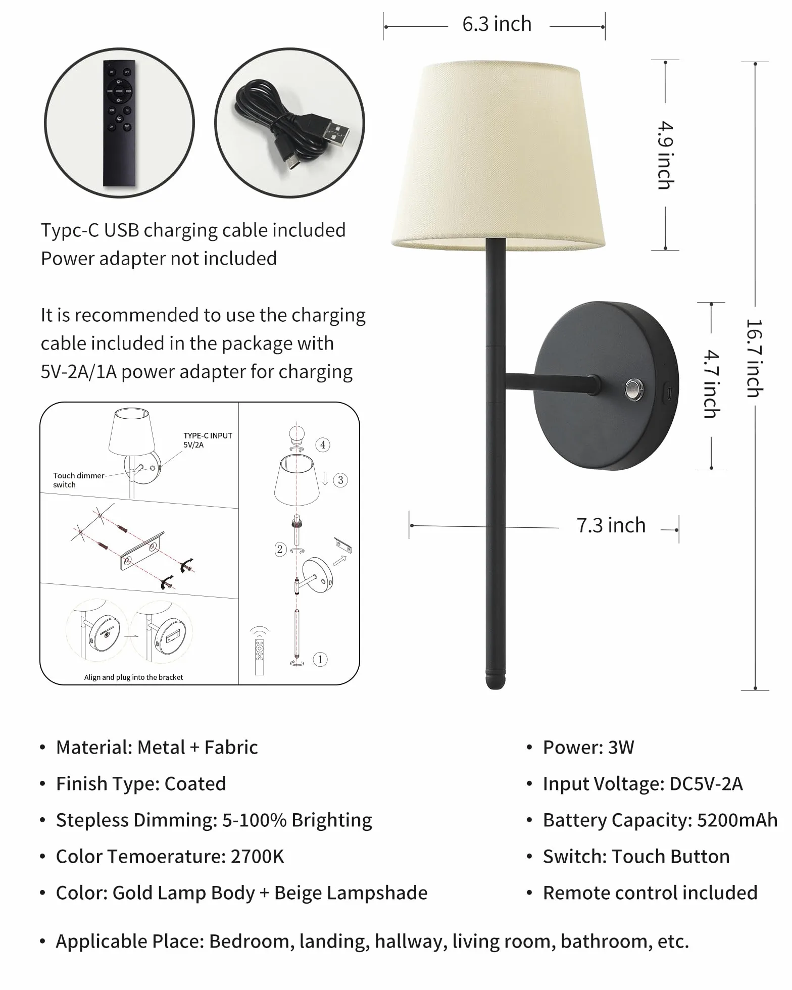 Set di 2 lampade da parete ricaricabili senza fili, alimentate a batteria, 5200 mAh, dimmerabili, lampade da parete senza fili con telecomando, applique con paralume in tessuto, illuminazione