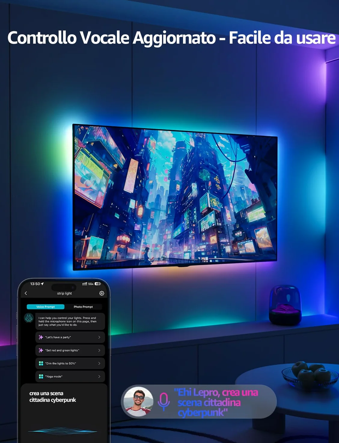 Lepro S1 AI Smart Striscia LED 20M,Strisce LED Camera da Letto,Funziona con Alexa/Google Assistant,Controllo Vocale,Sync Musicale per Festa in Soggiorno,Progettista Illuminazione AI Personalizzato