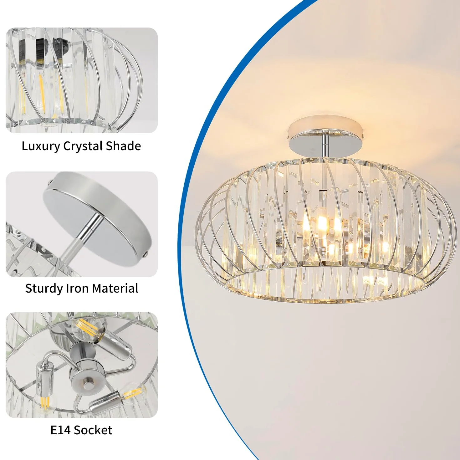 ANWIO Lampadari Cristallo Argento, Plafoniere Soggiorno Argento con 3 Luci, Lampadario a Sospensione Moderno E14, Plafoniere Vetro Per Camera da Letto, Ristorante, 40 CM (Senza Lampadine) Kitchen