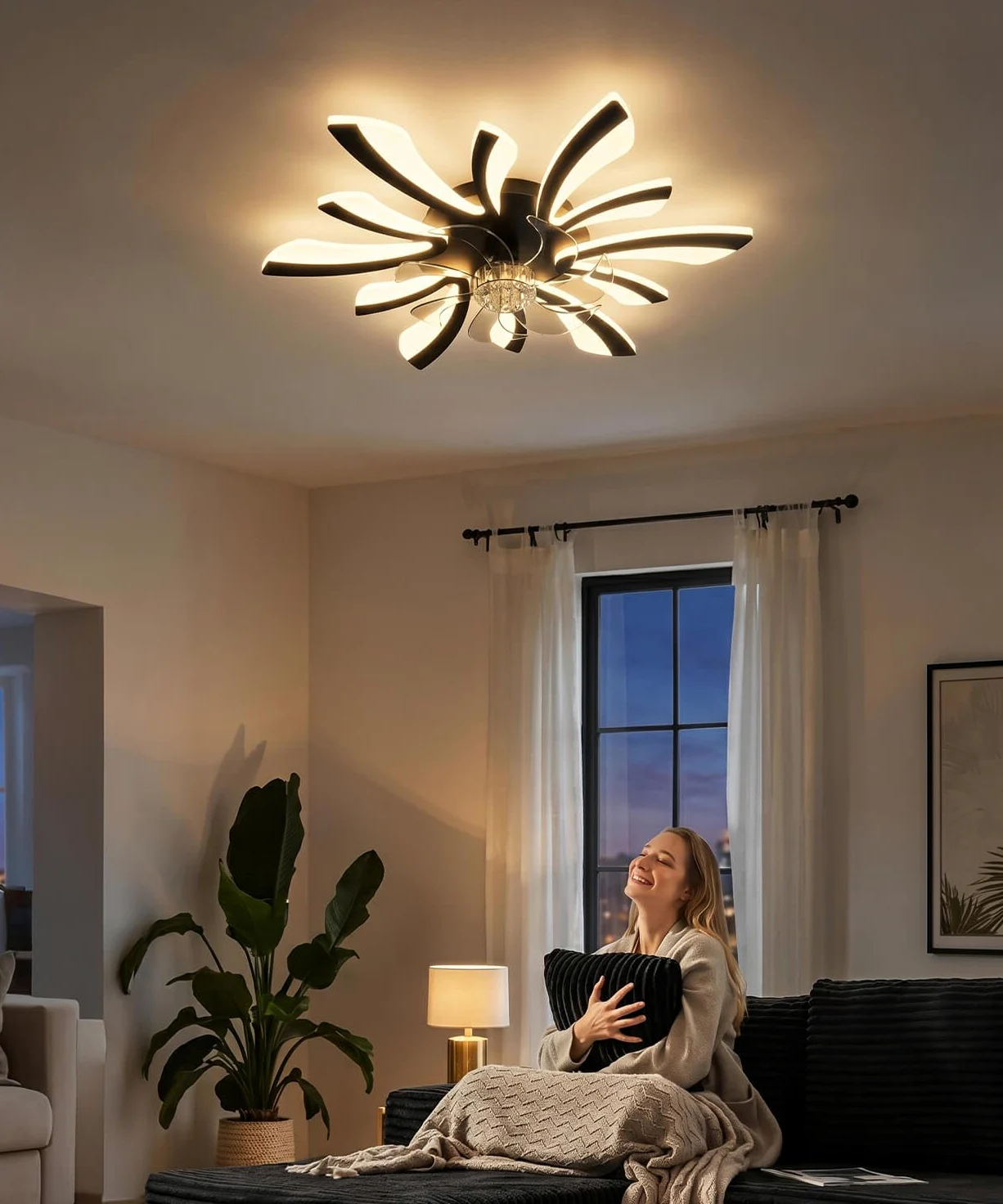LJX Lampadario con Ventilatore da Soffitto con Telecomando DC Plafoniera con Ventilatore Led Soffitto Silenzioso Dimmerabile Estate e Inverno Cucina Camera da Letto, Nero
