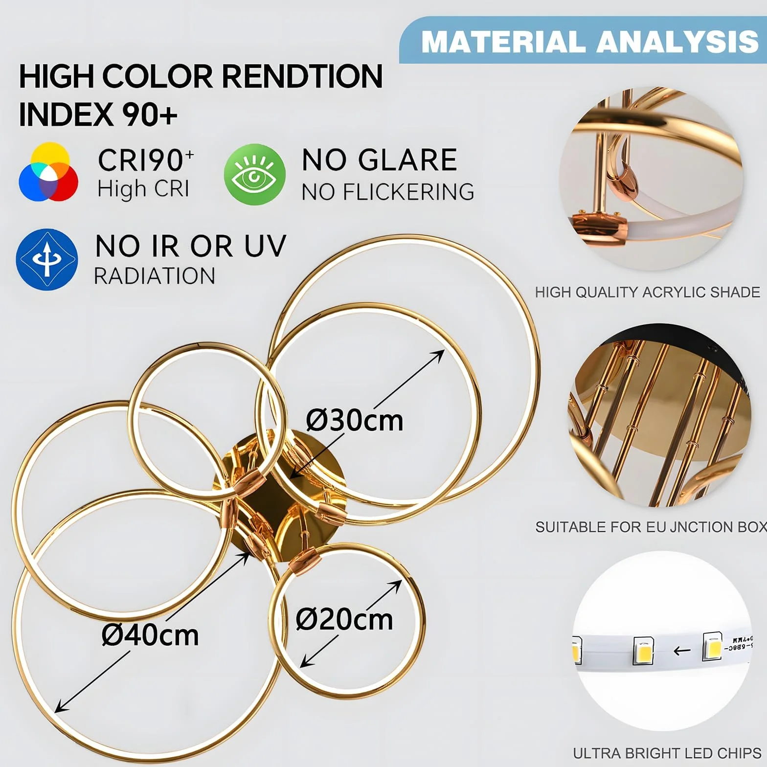 LED Plafoniera, Ø105cm Lampadario Cerchio In Metallo Dorato, 145W Dimmerabile Continuo 3000-6000K, Lampadario Rotondo Moderno In Placca Camera Letto Soggiorno Bambini Ufficio Studio (6 Anelli)