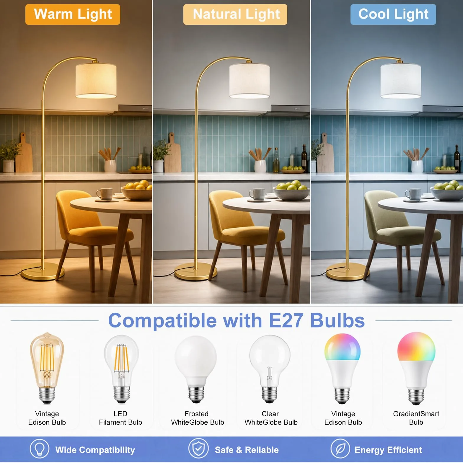 Lampada Da Terra Ad Arco 157 cm, Testa Orientabile, E27, Oro | Paralume in lino, lampadina LED 12W a 3 tonalità inclusa, interruttore a pedale, base stabile in metallo