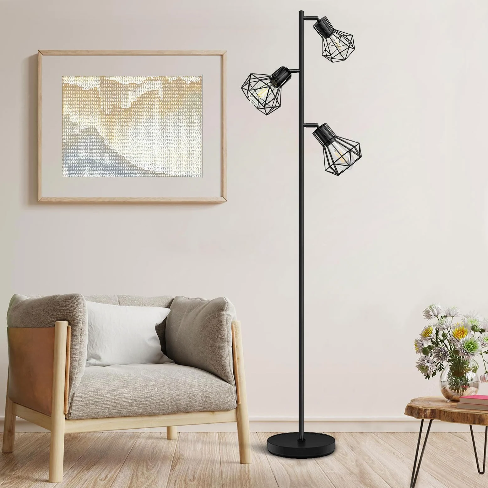 BBHome Lampada da terra industriale, lampada da terra ad albero di fattoria con teste a gabbia regolabili, lampade da terra rustiche per ufficio camera da letto soggiorno, nero (lampadine non incluse)