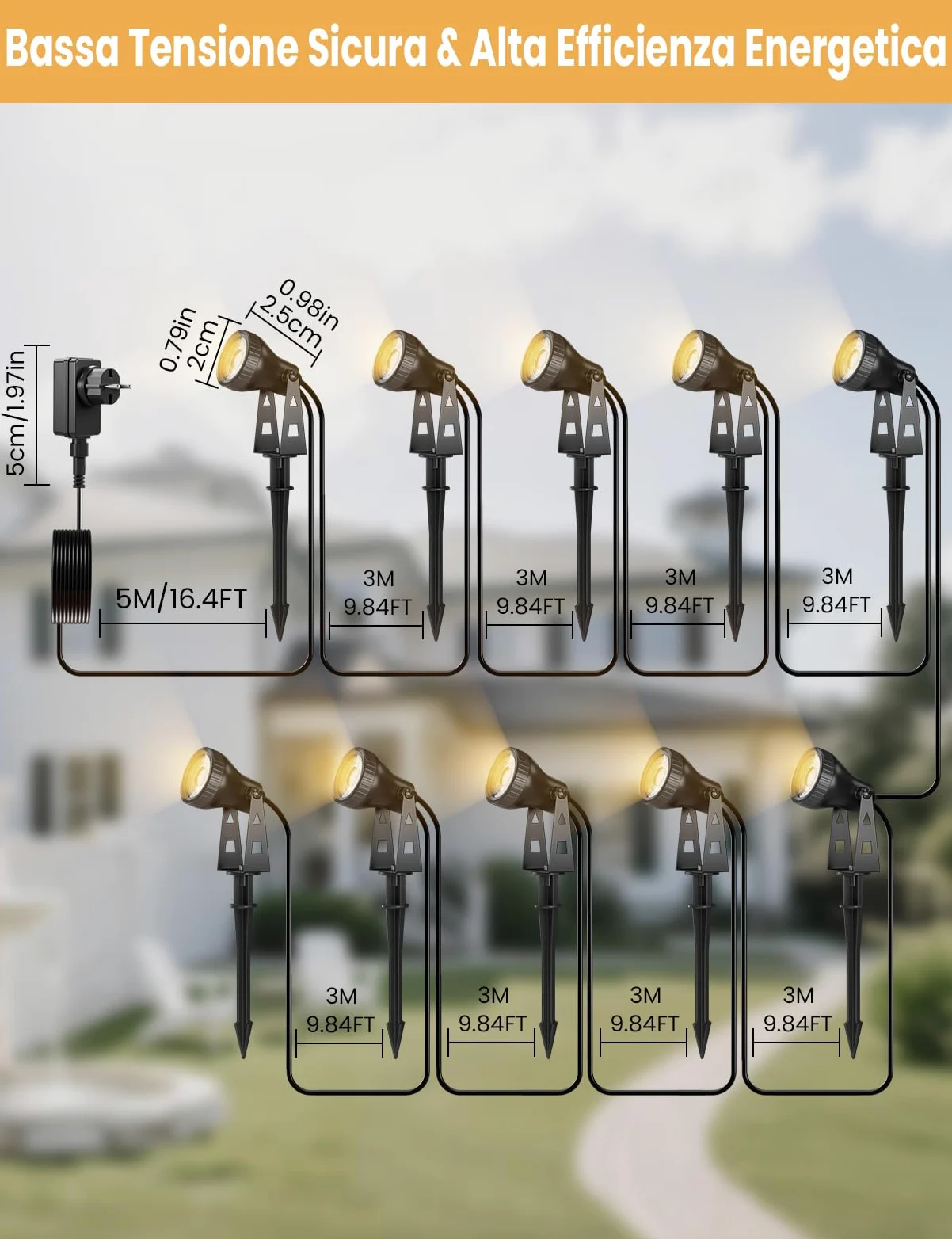 ZOTOYI Impermeabile IP68 Faretti da Giardino Kit Illuminazione Giardino 32M 10-in-1 con Adattatore, 30W LED Luce Calda 3100K per Prati, Viali d'Ingresso, Eventi all'Aperto