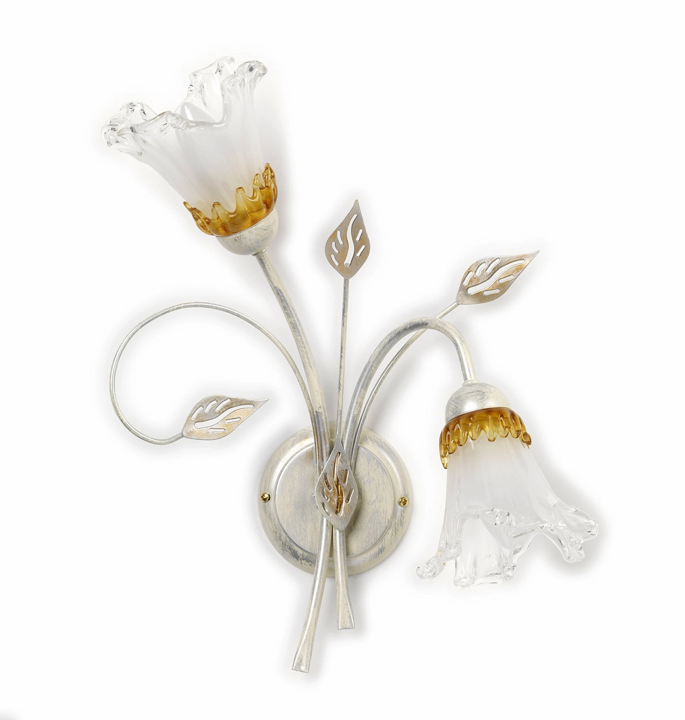 ONLI - applique da parete 2 luci in metallo bianco e argento con sfumature oro. Vetri a forma di calla. 2 x E14