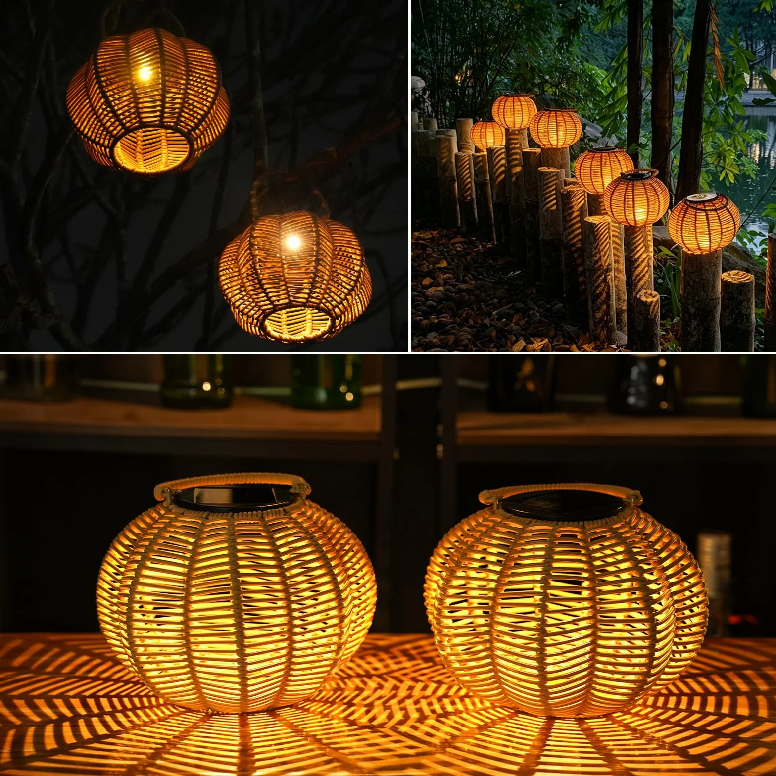 Lanterne Solari da Esterno a Forma di Zucca Intreccio Manuale in Rattan Naturale, Lampada Solare da Esterno con Luce Calda e Sensore Automatico, IP65 per Giardino Terrazzo Cortile, 2 Pezzi