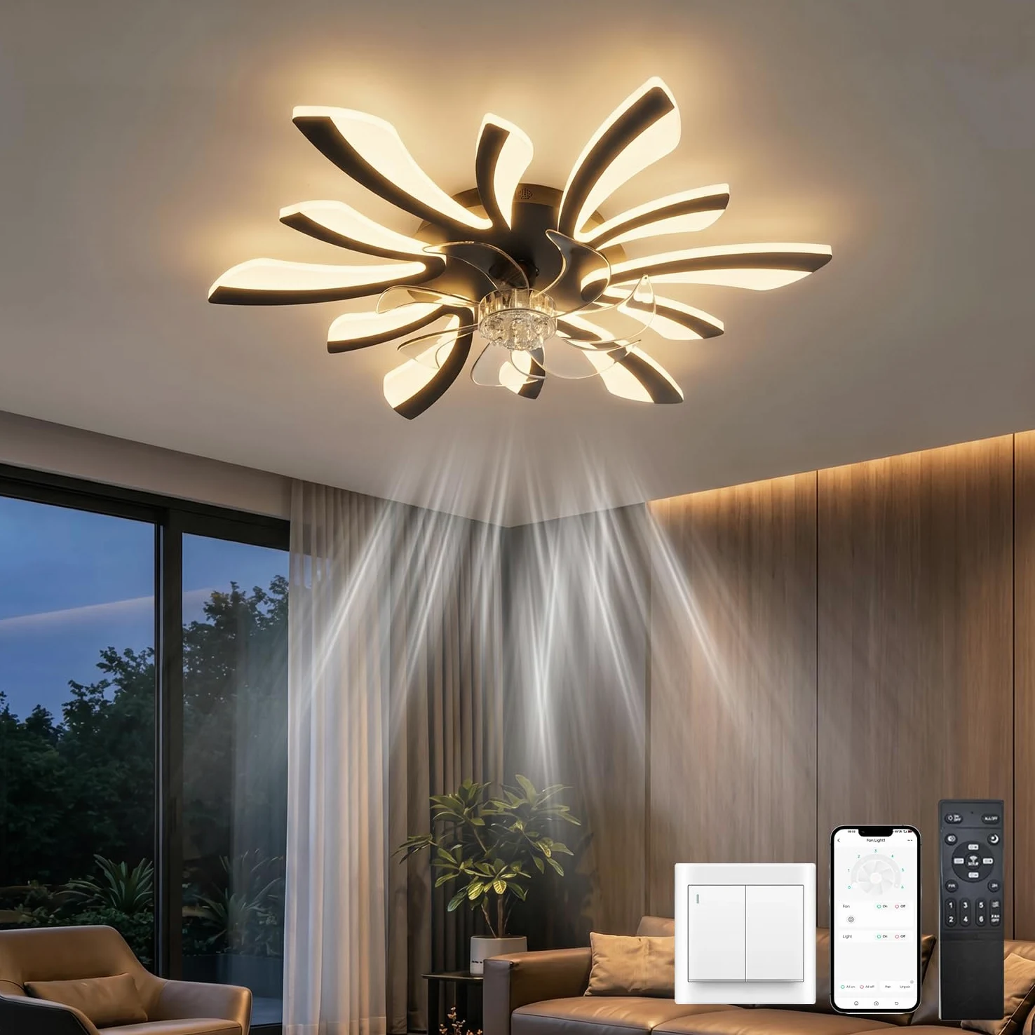 LJX Lampadario con Ventilatore da Soffitto con Telecomando DC Plafoniera con Ventilatore Led Soffitto Silenzioso Dimmerabile Estate e Inverno Cucina Camera da Letto, Nero