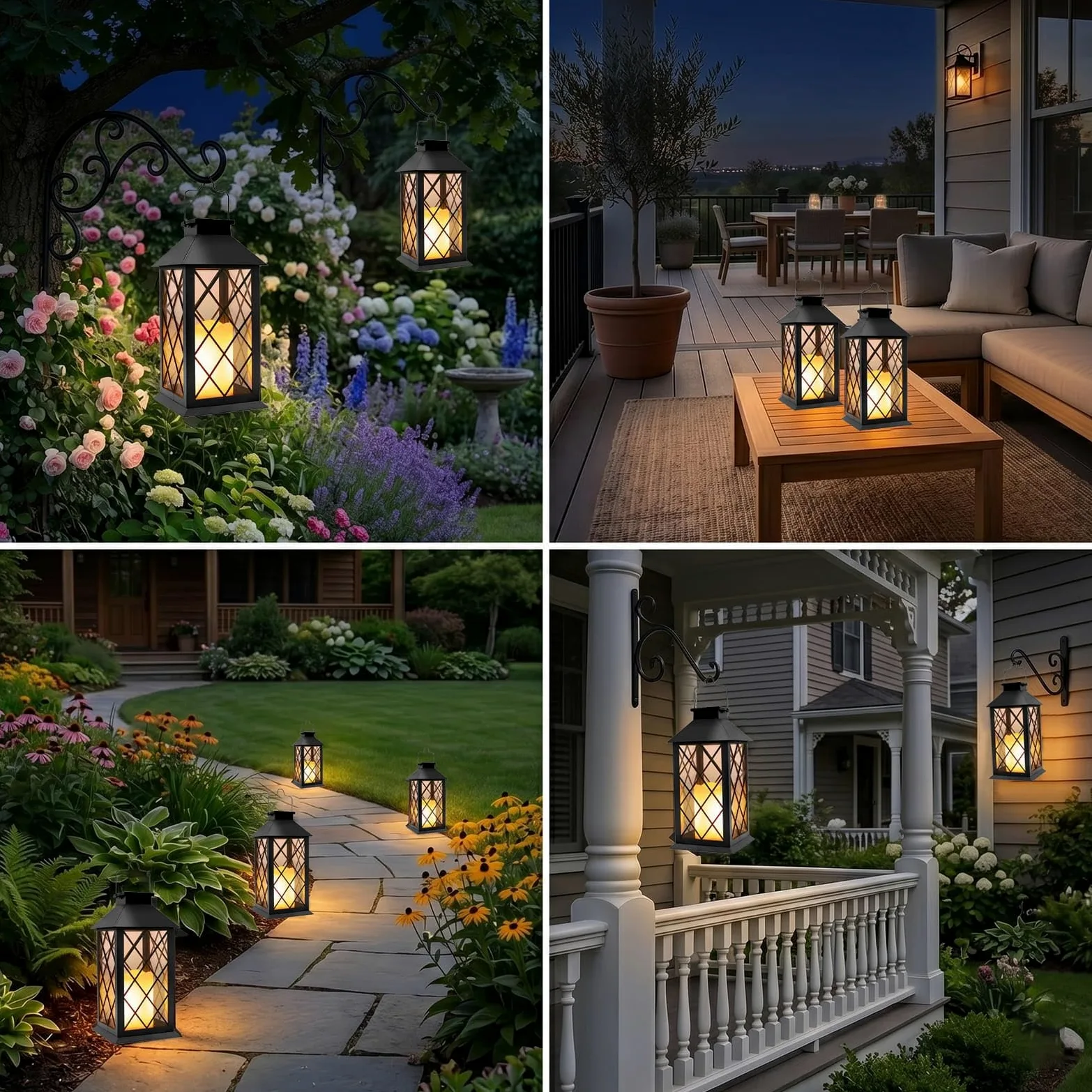 Yowin Lanterne da Esterno 2 Pezzi 22cm Grande Lanterna Solare da Giardino con Candele Tremolante, Vetro Temperato, Lampada Solari da Appendere Impermeabile Lampade da Tavolo per Balconi - Nero