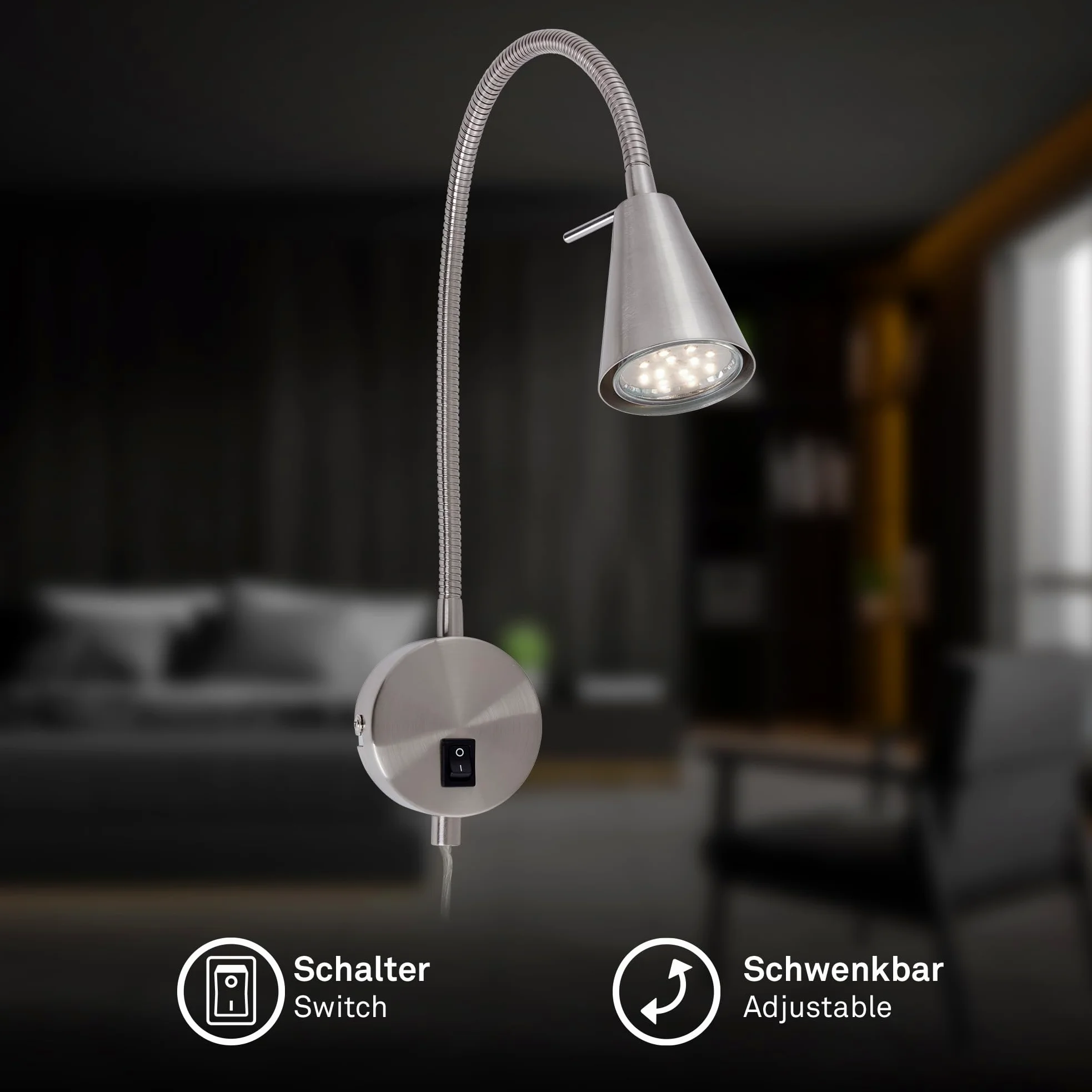 Briloner Leuchten - Lampada da letto a LED,braccio flessibile, incluso interruttore on/off, 4 watt,400 lumen,3.000 Kelvin, metallo,4 W, nichel opaco,450x205 mm (HxA), base: 80 mm (D), testa: 58 mm (D)