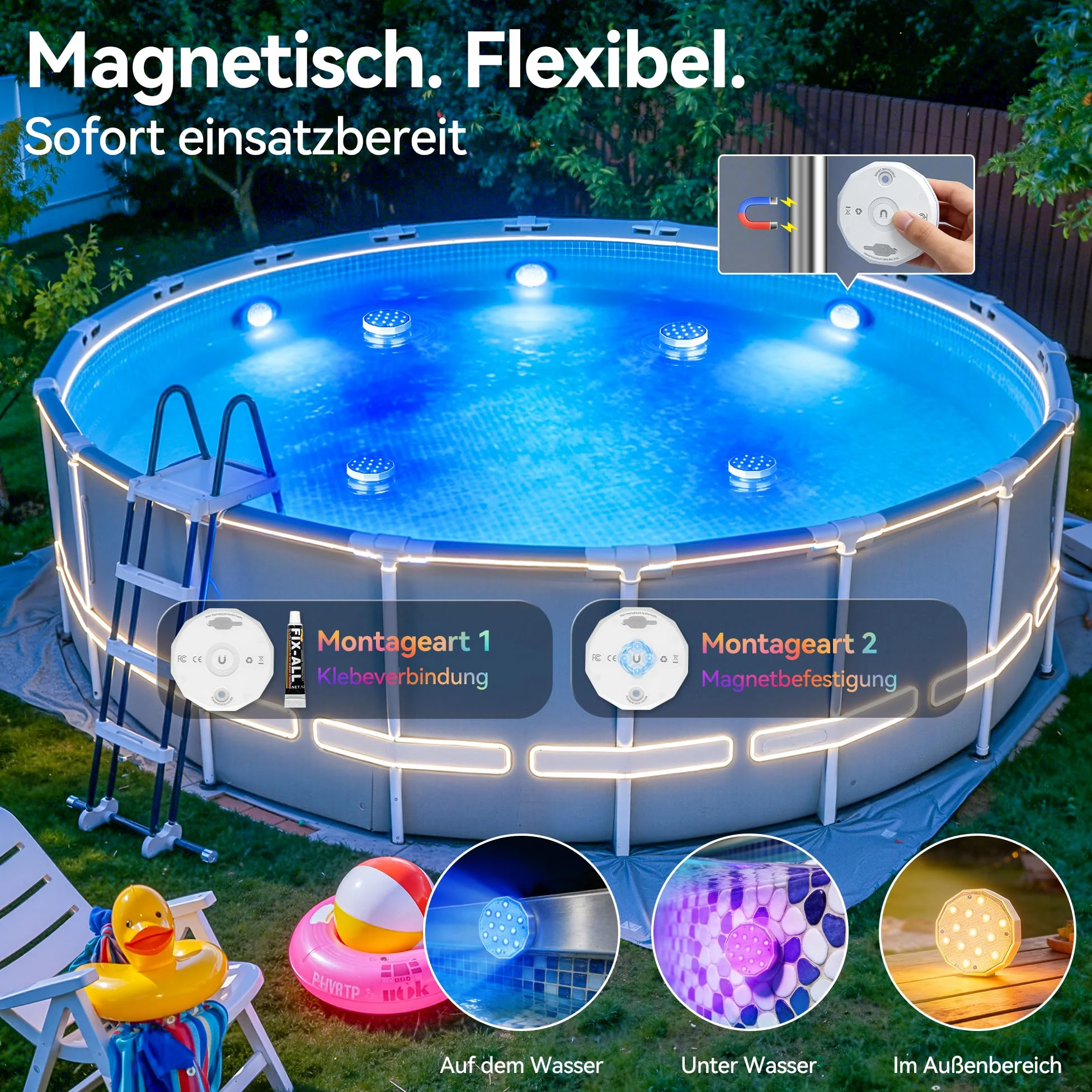 Ollny Luce subacquea con telecomando, illuminazione a LED RGB galleggiante, illuminazione magnetica per piscina, illuminazione stagno, fontana, stagno, acquario, feste, 4 pezzi