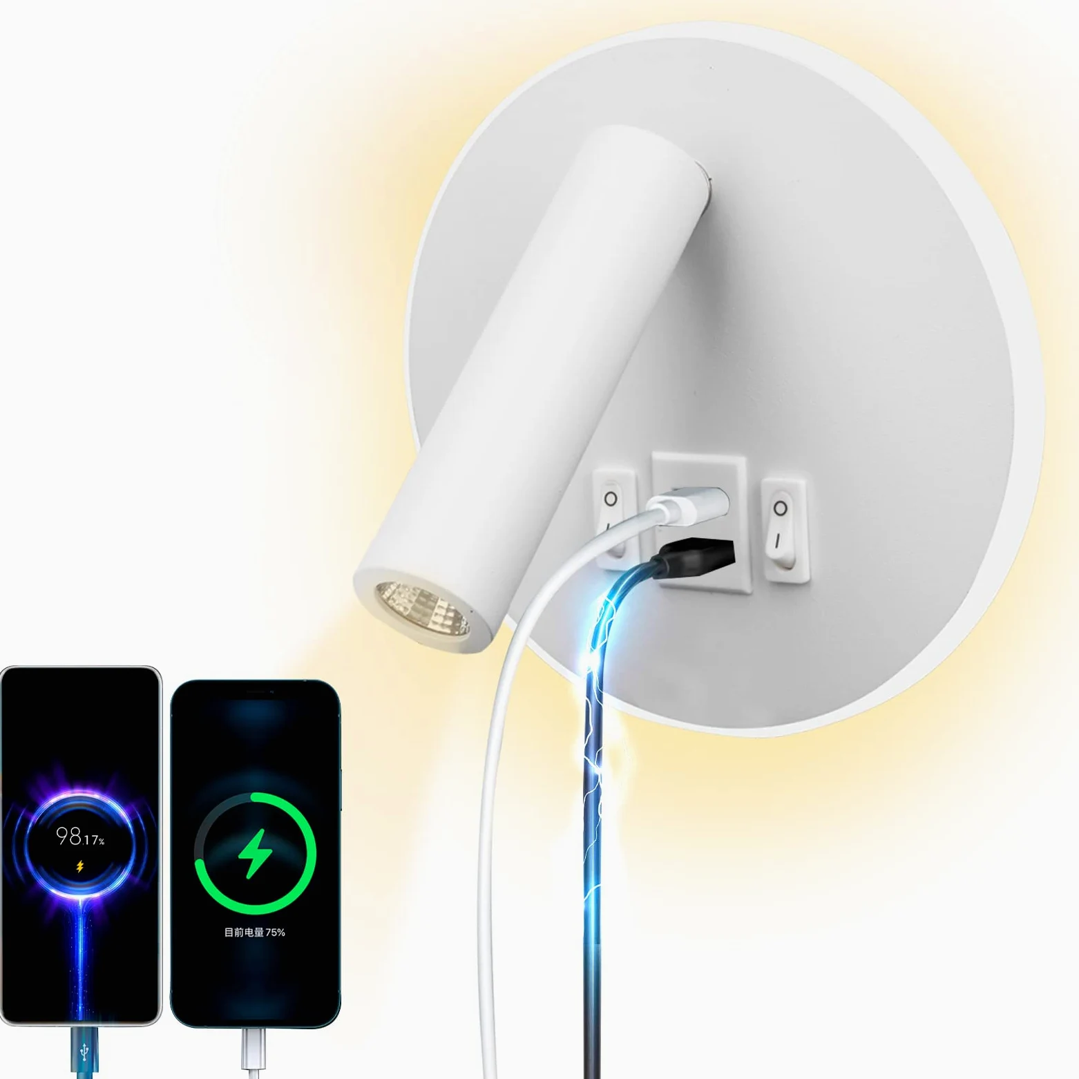 LED Lampada da Lettura USB Tipo-C Due Interruttore di Bocca di Carica Regolabile 12W LED Spotlight 3000K Lampada Da Parete In Alluminio Lampada Da Letto Rotabile (Tondo bianco)