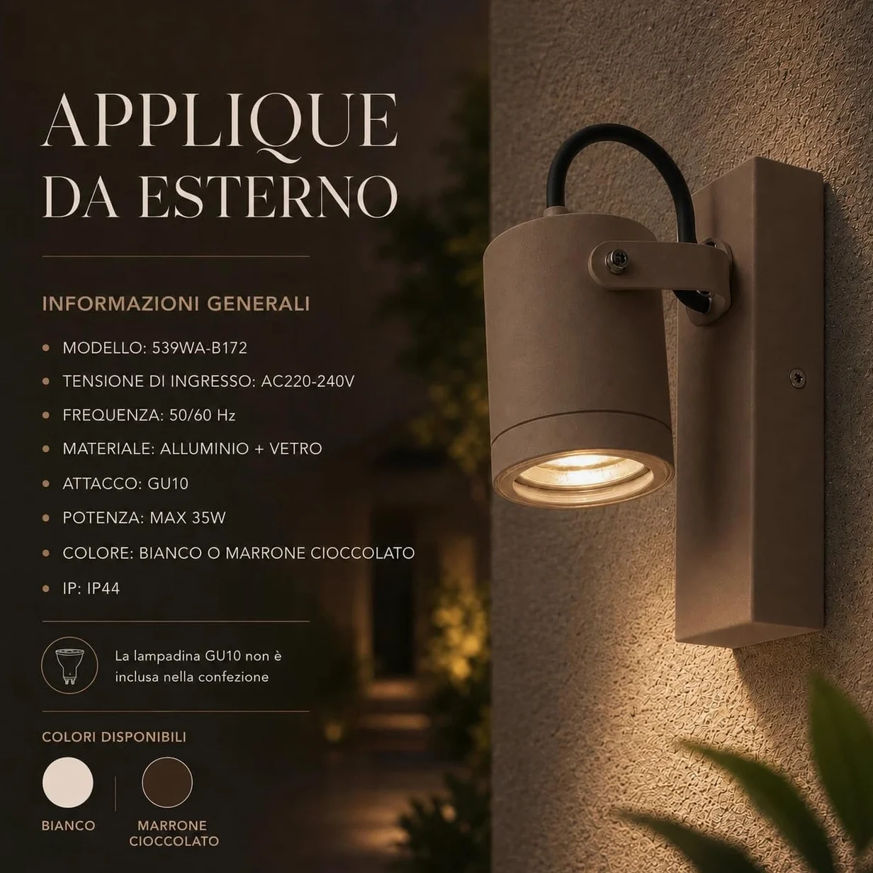 MAKA Set 2 Applique da Esterno GU10 IP44, Lampada da Parete Esterno Orientabile in Alluminio, Faretto Parete Moderno per Balcone Giardino Terrazzo (Marrone)