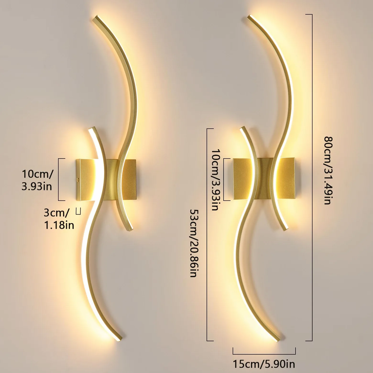 Goeco Applique LED da Parete Interni, 32W 80 CM Luci da Parete Dimmerabile Lunga con Telecomando 3000K-6500K con 2 Luminosi Ondulati per Soggiorno, Camera da Letto, Dorato