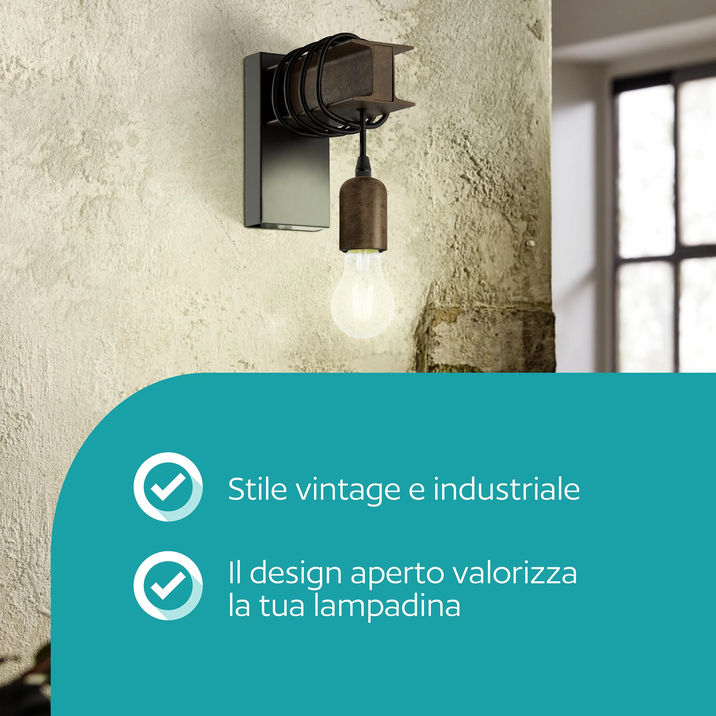 Eglo Lampada da parete Townshend 4, plafoniera vintage a uno punto luce, lampada da parete dal design industriale, lampada retrò in acciaio, nero, marrone, E27