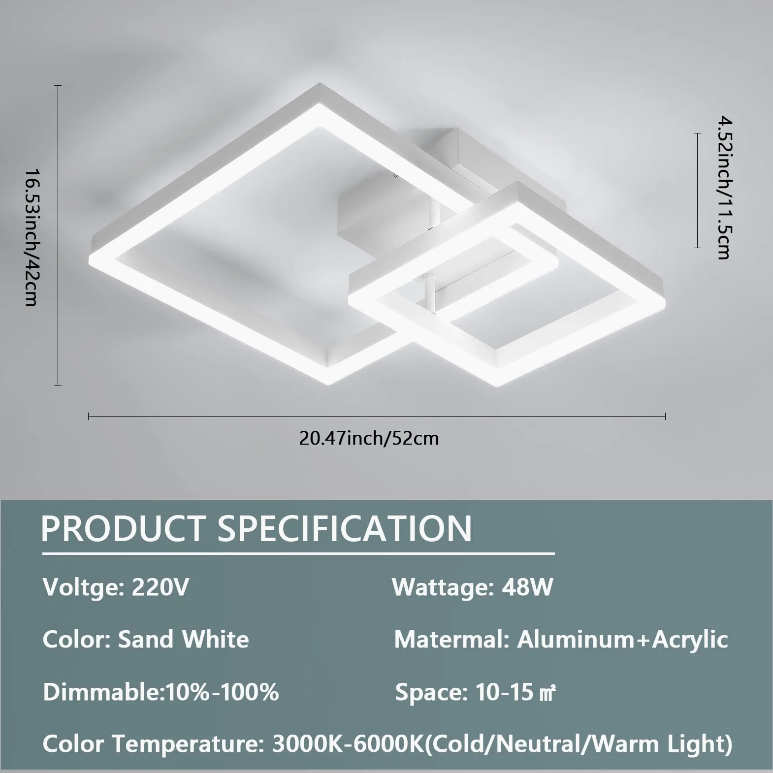 Plafoniera LED Soffitto Dimmerabile, 36W 4050LM Lampadario LED Soffitto con Telecomando 3000K-6500K, Moderna Plafoniera Quadrata per Camera da Letto Soggiorno Cucina Corridoio, Bianco, 52*42*12CM