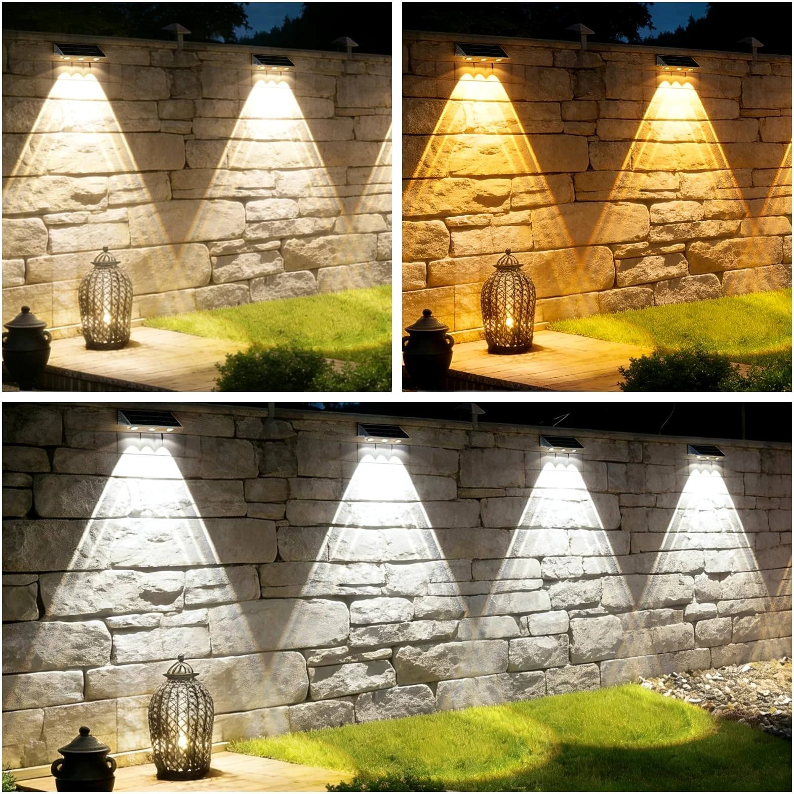 Luci Solare Muro Esterno Giardino, Lampada da Parete Solare, 3 Modalità di Temperatura del Colore, IP65 Impermeabile, Applique da Esterno Solari per Esterni Parete, Balcone, Recinzione, 4 Pezzi