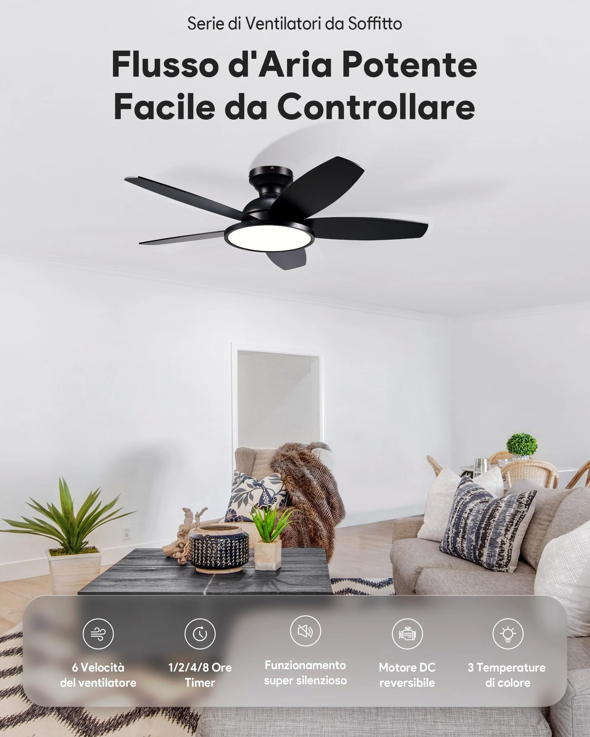 VONLUCE 107 CM Ventilatore da Soffitto con Luce LED a Spettro Completo e Telecomando, 3CCT, Motore DC Reversibile Silenzioso a 6 Velocità Ventilatore da Soffitto Basso per Camera da Letto Soggiorno