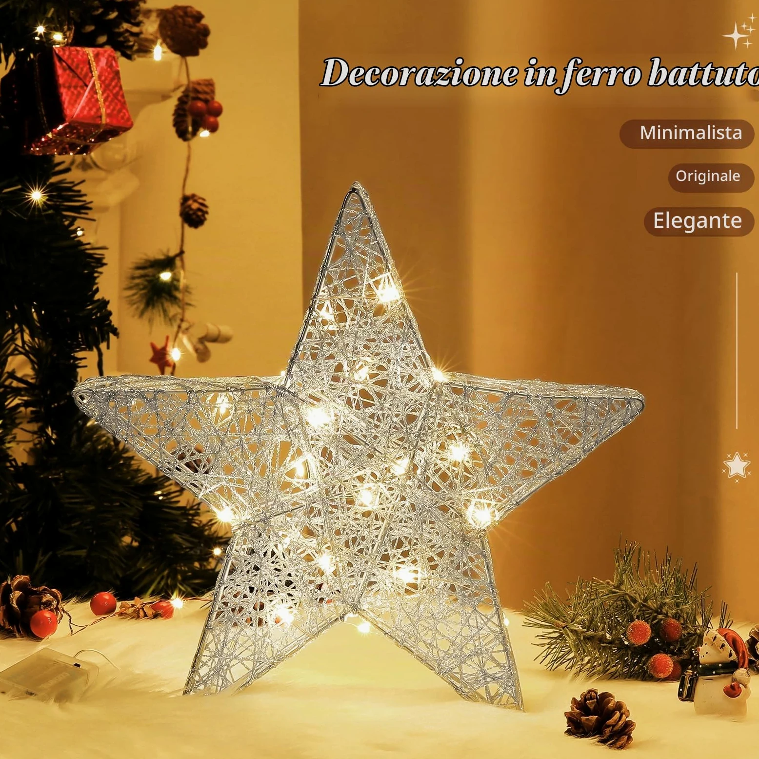 Lewondr Lampada Decorativa a Forma di Stella, Lampada da Scrivania a LED con Luce Calda Decorazione Natalizia per Interni Lampada da Tavolo per Camera da Letto e Soggiorno, Argento