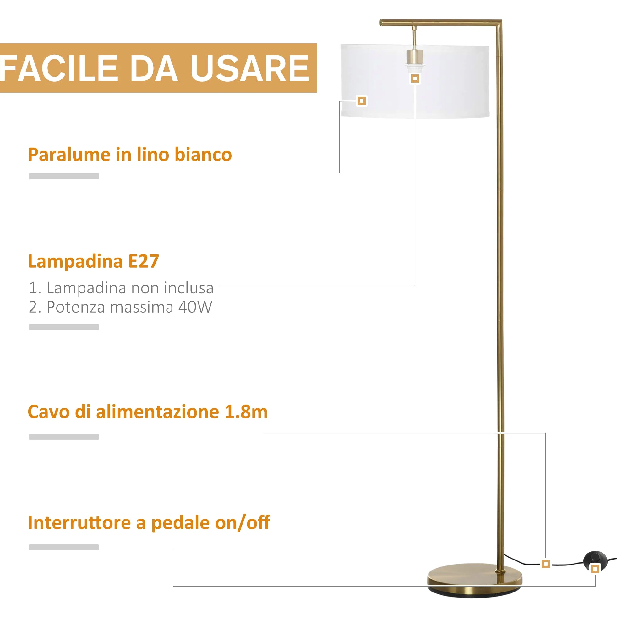 HOMCOM Lampada da Terra Moderna in Metallo E27 47x37x153cm Oro e Bianco | Paralume in Tessuto, Lampada da Lettura