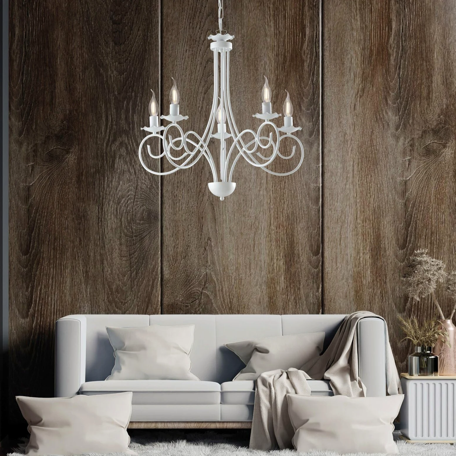 BeLight Lampadario Provenzale Candelabro 5 Luci Ferro Battuto Bianco Shabby