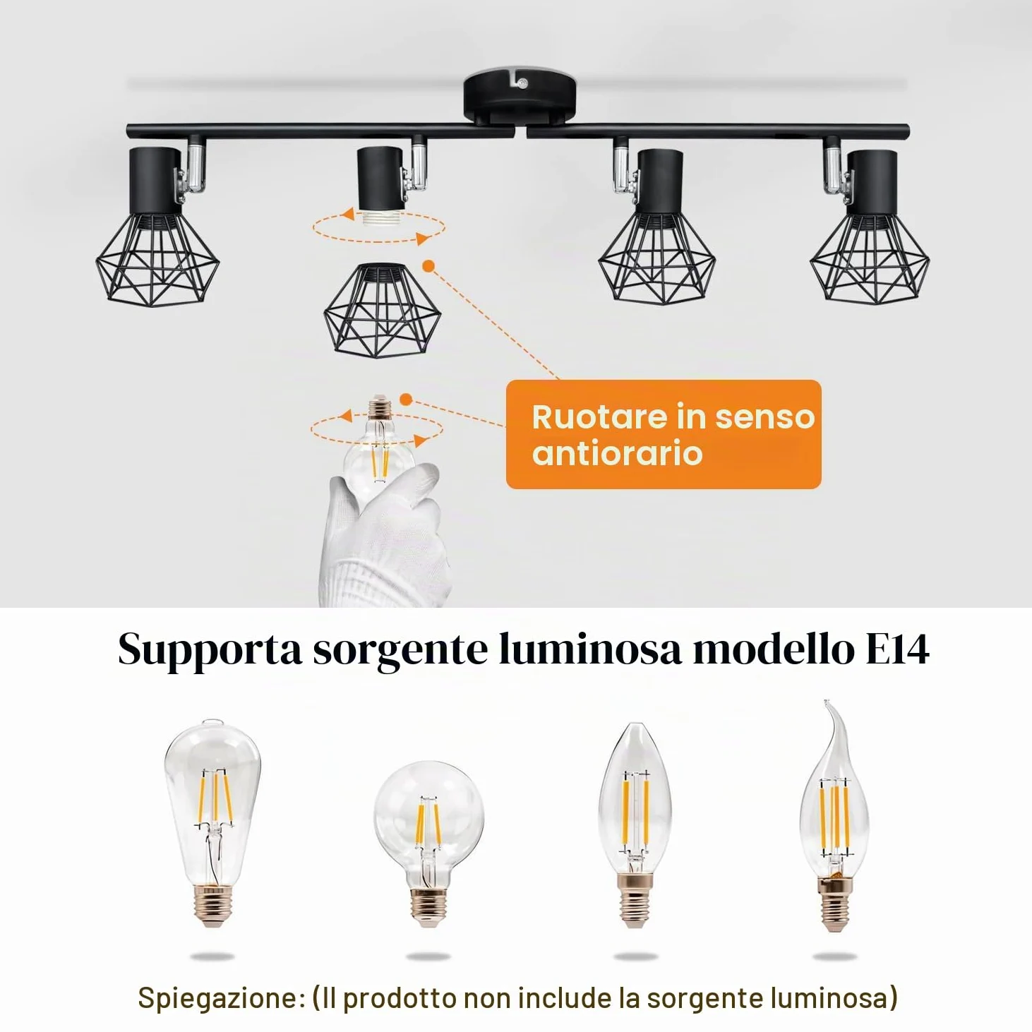 faretti soffitto orientabili, lampadario faretti con 4 Attacco E14,lampada da soffitto retrò, applique soffitto per Cucina, Soggiorno, Camera da Letto,neri(Senza Lampadina)