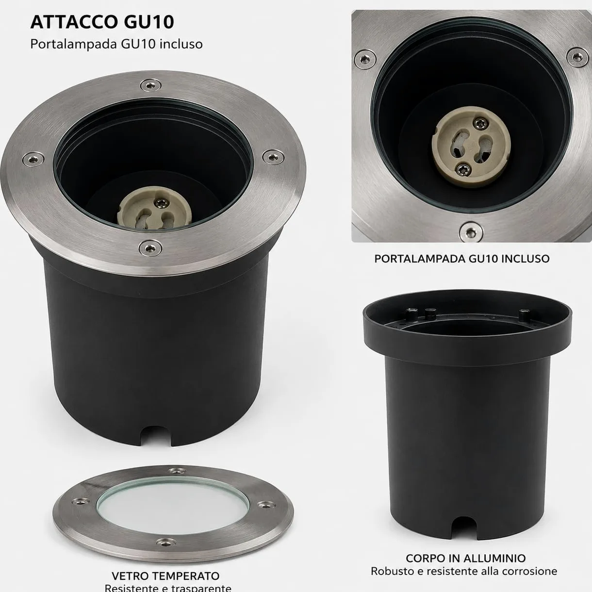 Faretto Calpestabile tondo GU10 da Incasso per Esterno IP65 Acciaio Inox 220V per Vialetti Giardini (4 pezzi)