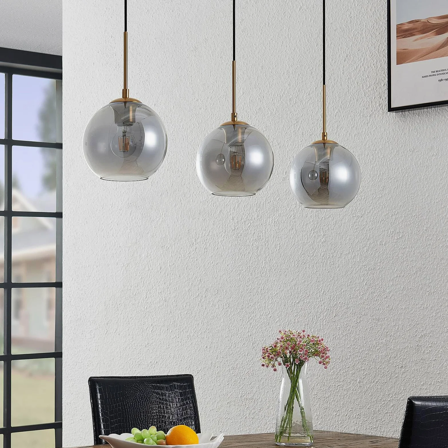 Lindby Lampadario a Sospensione Moderno 3 Sfere in Vetro Fumè, Luci E27 Sospeso Bolle per Cucina Sala da Pranzo Soggiorno Tavolo Ristorante Metallo 110 cm