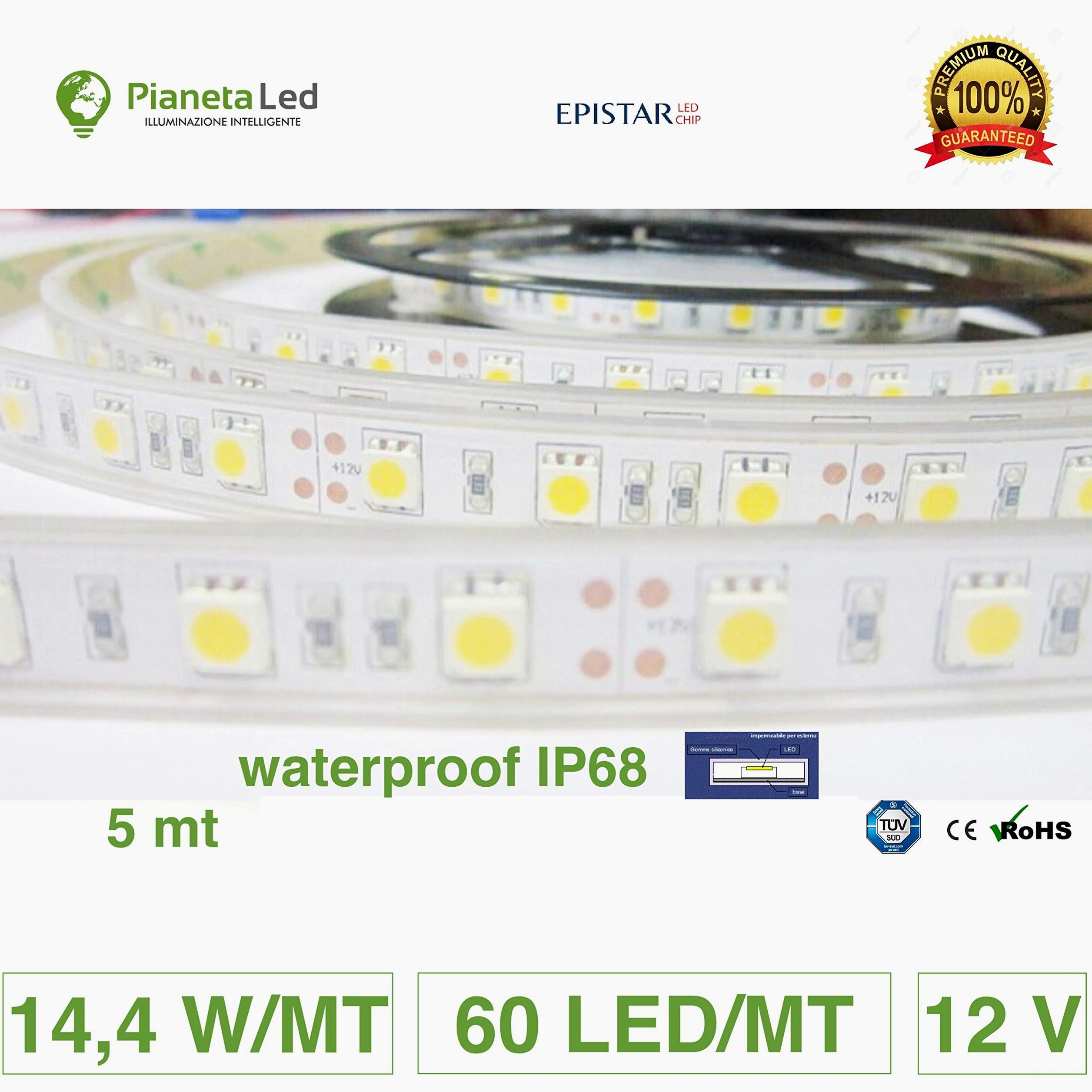 ROTOLO 5 METRI STRISCIA 300 LED 5050 SMD 5 MT LUCE BIANCA A SCELTA PER USO ESTERNO WATERPROOF IP68 PER IMMERSIONE (6000 k luce fredda (white))