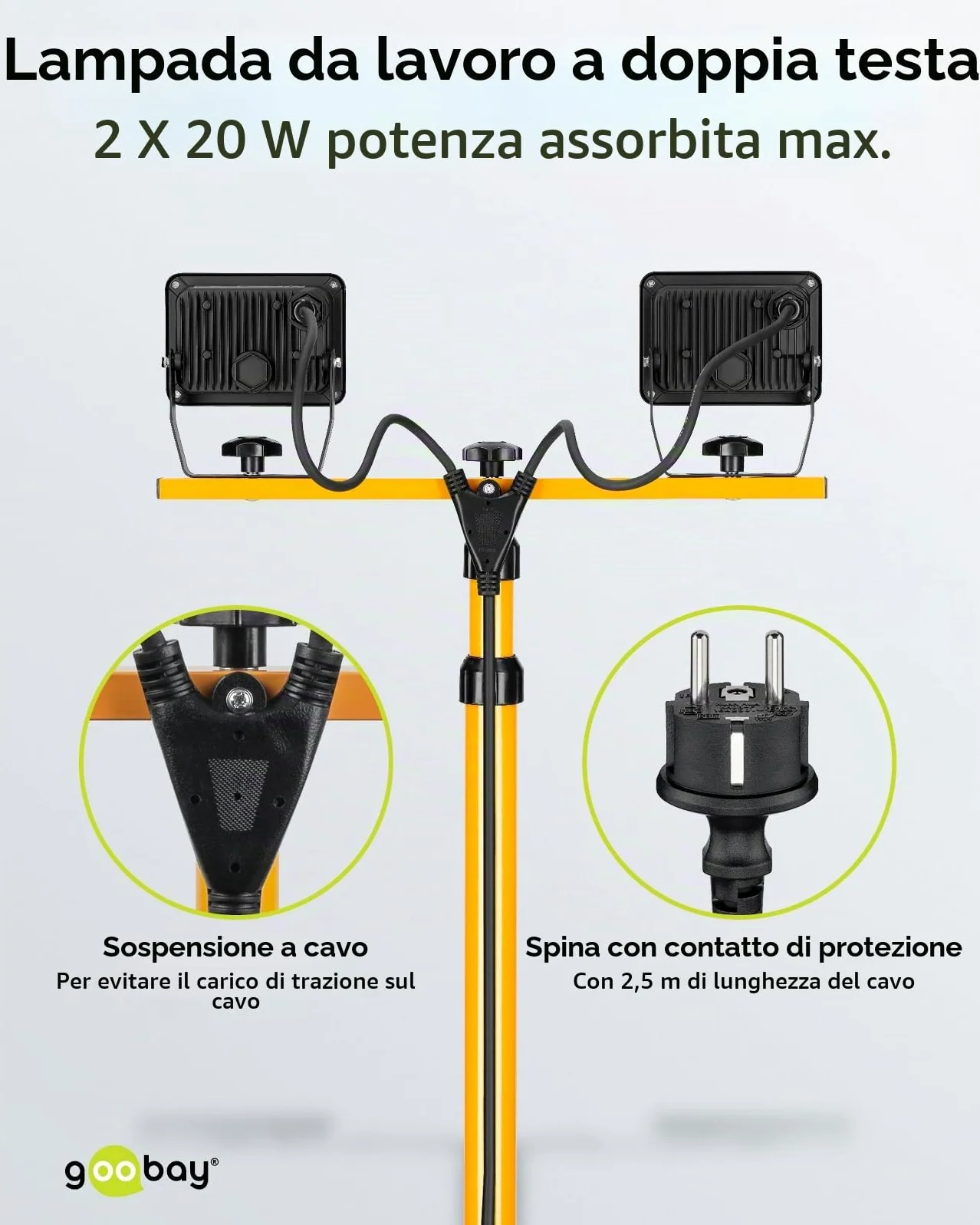 Goobay 57845 Faretto da costruzione a LED su stativo telescopico 2 x 20W / 3400lm / Luce bianca neutra - 4000K / Per uso interno ed esterno - IP65 / Nero/Giallo