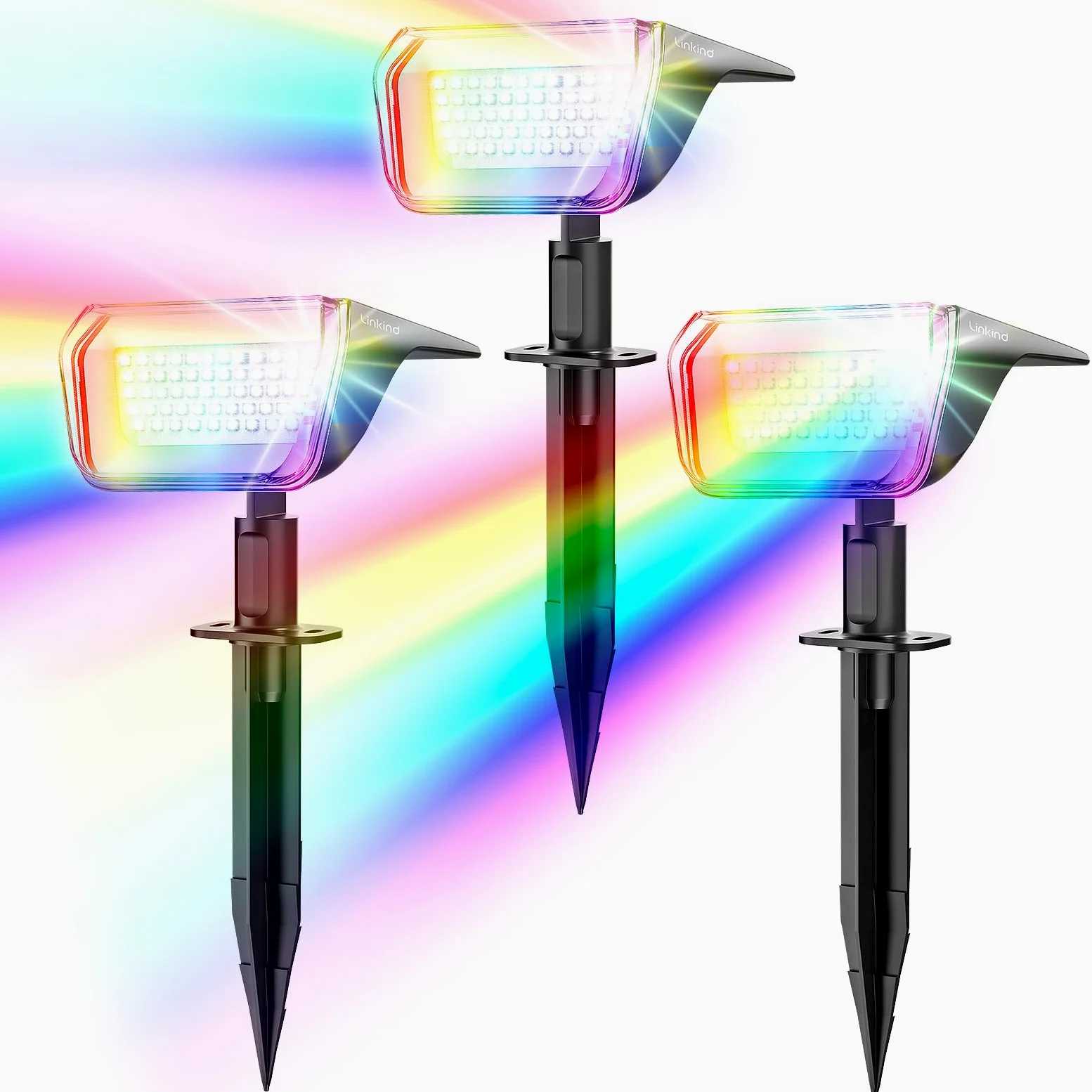 Linkind Faretti Solari da Esterno,RGB 60LED Multicolore Lampade Solari da Giardino Energia Solare, 800LM, IP67 Impermeabile Faretti Solari da Giardino per Cortile, Patio, Vialetto, 3 Pezz