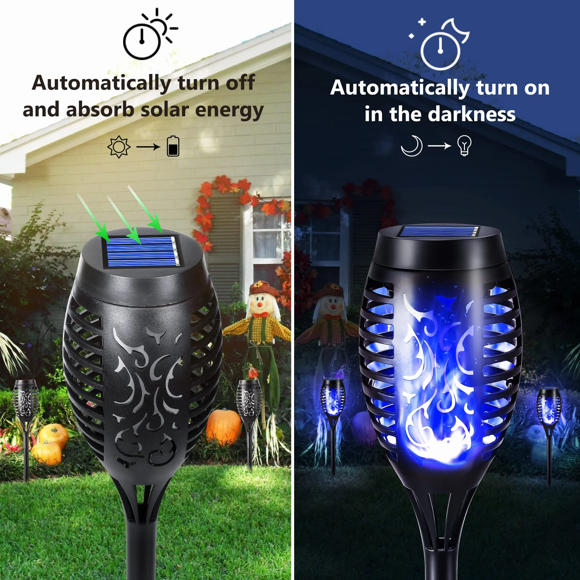 Geemoo Solari Esterno 6 Pezzi Lampade Solari da Giardino Torcia Luce con Blu Fiamma Tremolante Realistico, Luci Decorative per Halloween Esterno, Giardino, Patio, Prato