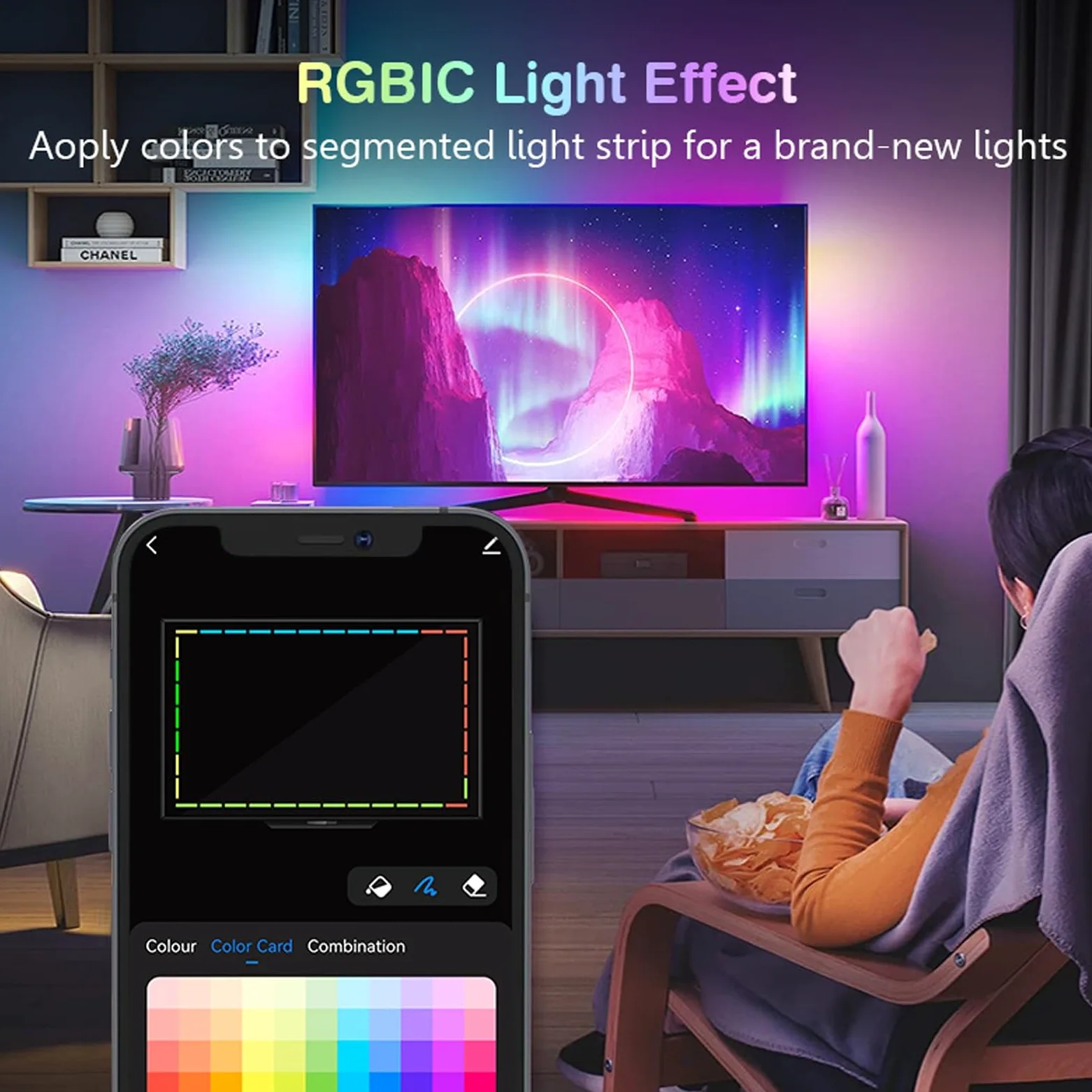 Luce LED Intelligente per TV, Retroilluminazione TV A Colori Fai da Te con Effetto RGBIC per Lo Schermo TV 4 Luci Sincronizzate con Il Ritmo Adatto per La Decorazione dello Sfondo TV