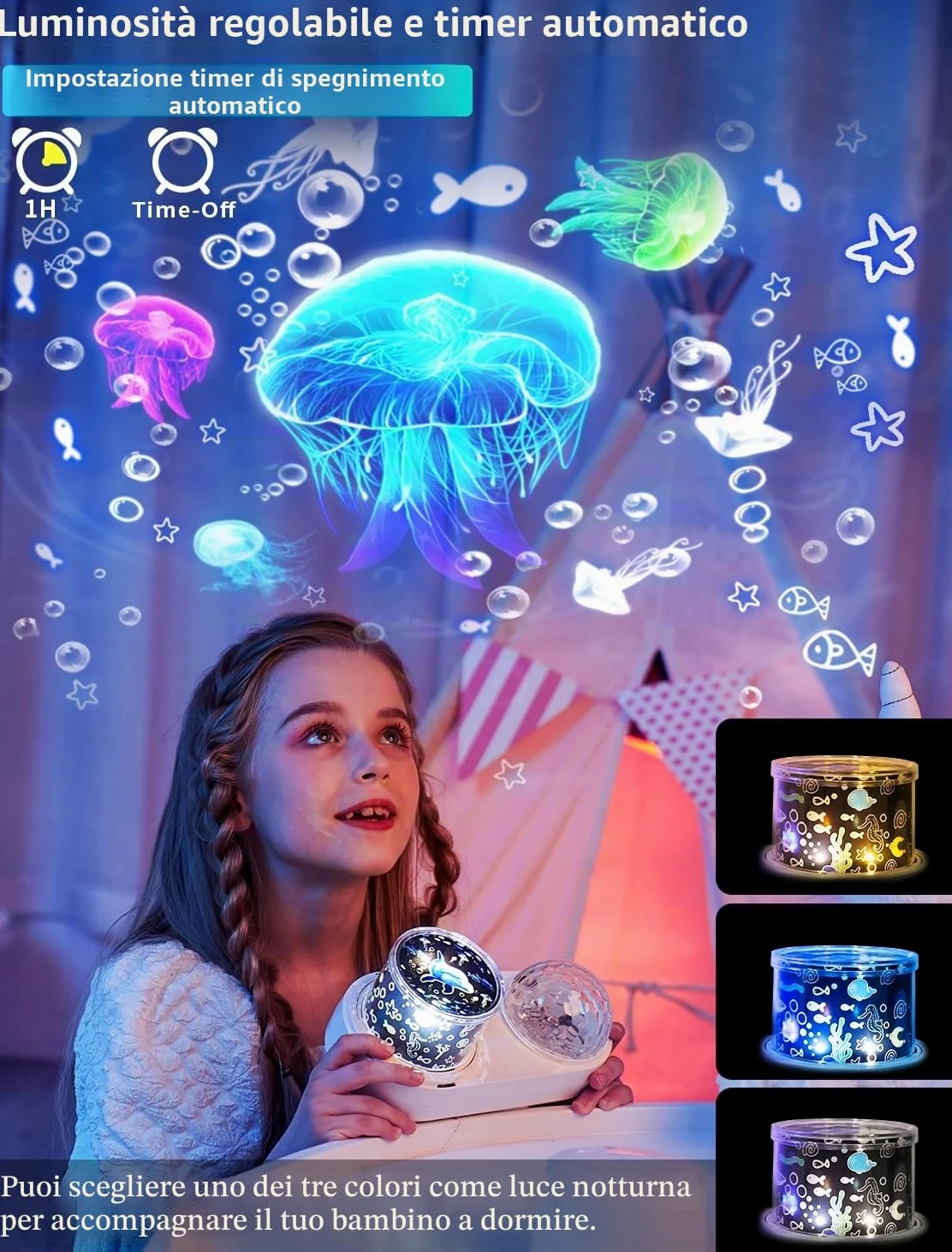 Proiettore di onde oceaniche luce notturna per camera da letto dei bambini - 10 colori con onde oceaniche + 6 film, timer di rotazione a 360 gradi, per bambini, bambine, compleanno, Natale, regali
