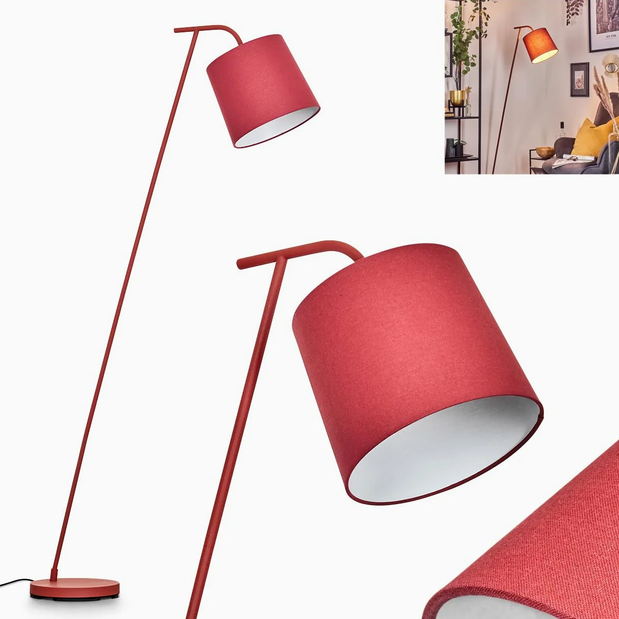 Lampada da terra Palmeiros, lampada in metallo/tessuto rosso/bianco, dal design retrò/vintage con paralume rotondo (Ø 25 cm) e interruttore a pedale, altezza 160 cm, 1 x E27, senza lampadina