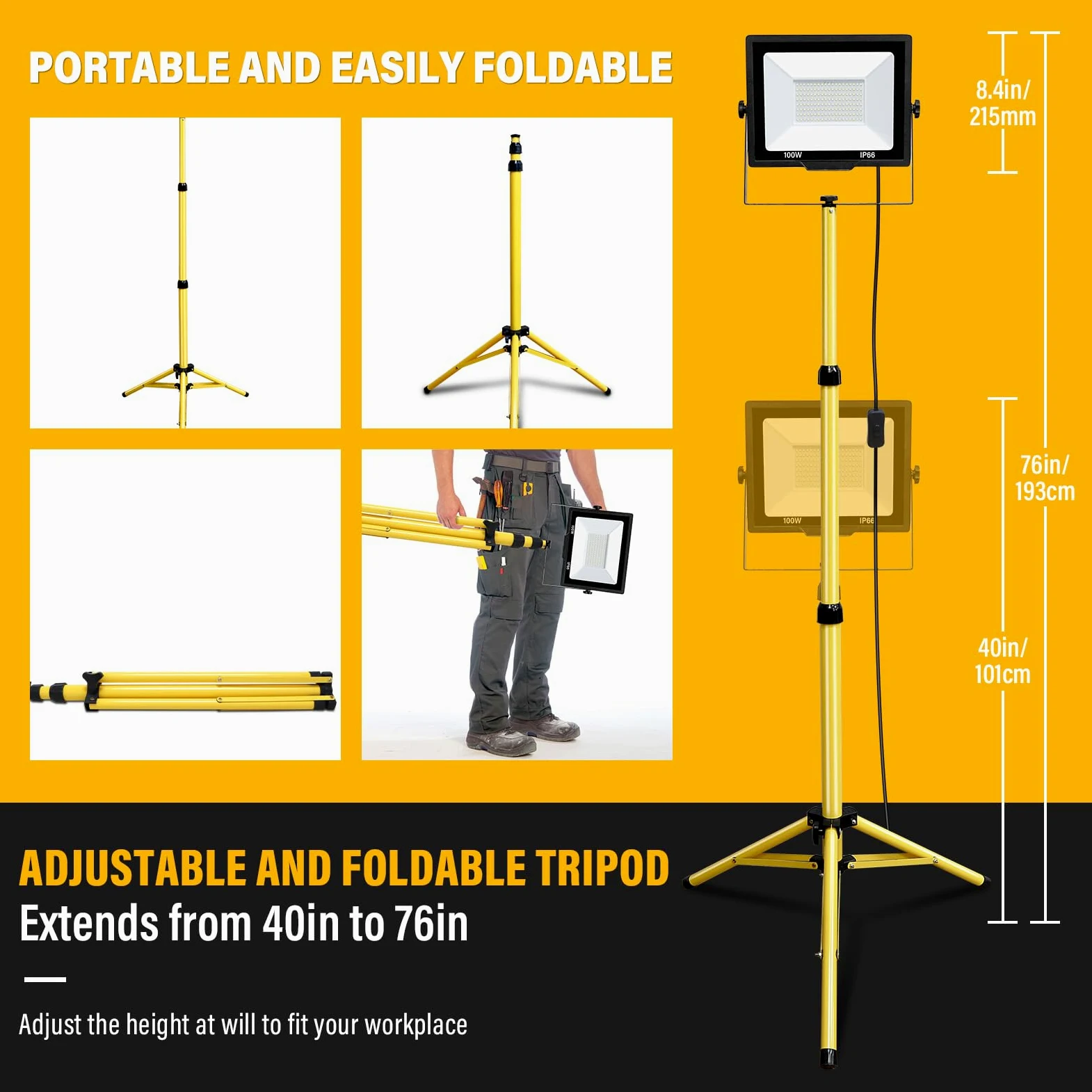 Willpower Treppiede Faretto da Cantiere 100W Faro da Lavoro LED Esterno | Faro LED 10,000LM, Con Spina, 6000K Bianco, Impermeabile IP65, Proiettore LED per Interni Officina Garage Industriale