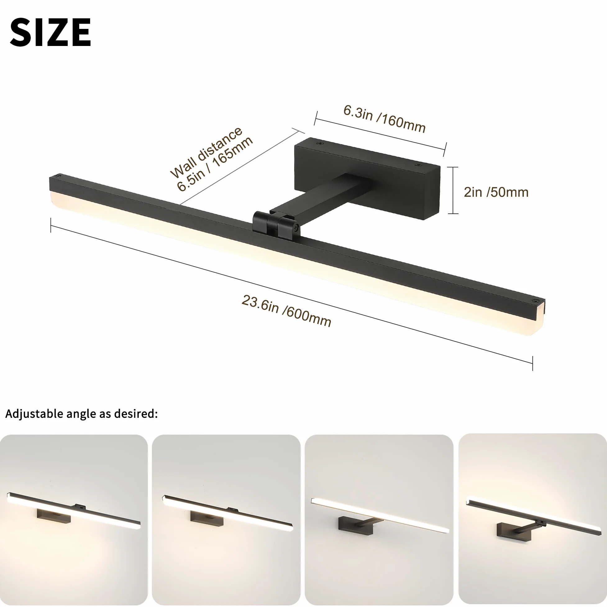 LED Lampada a Specchio 60cm, 18W IP44 Lampada a Specchio Bagno, Lampada da Lampada Da Parete Alluminio Bagno Lampada Da Parete Bagno, Bianco Naturale 4000K, Nero