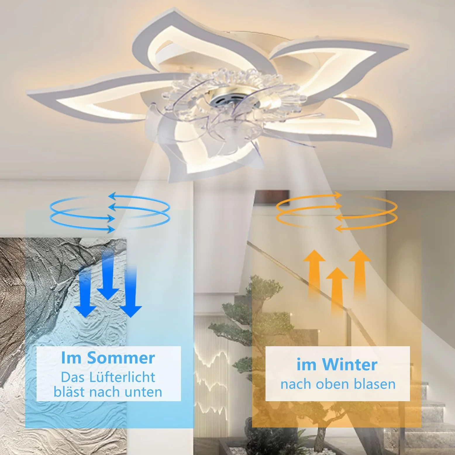 Ventilatore da soffitto silenzioso a LED con illuminazione,plafoniera da camera da letto 50W,con telecomando e lampada dimmerabile APP con ventilatore Paralume in acrilico a forma di fiore Lampade
