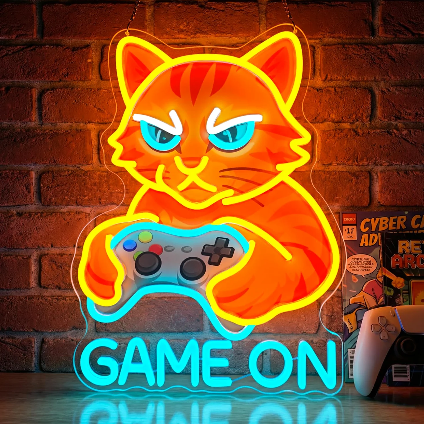 Insegne luminose del gatto, GAME ON Insegna al neon, Gatto con controller Insegne al neon a LED per sala giochi, Lampada da parete al neon USB per giocatori, regalo di gioco per giocatori