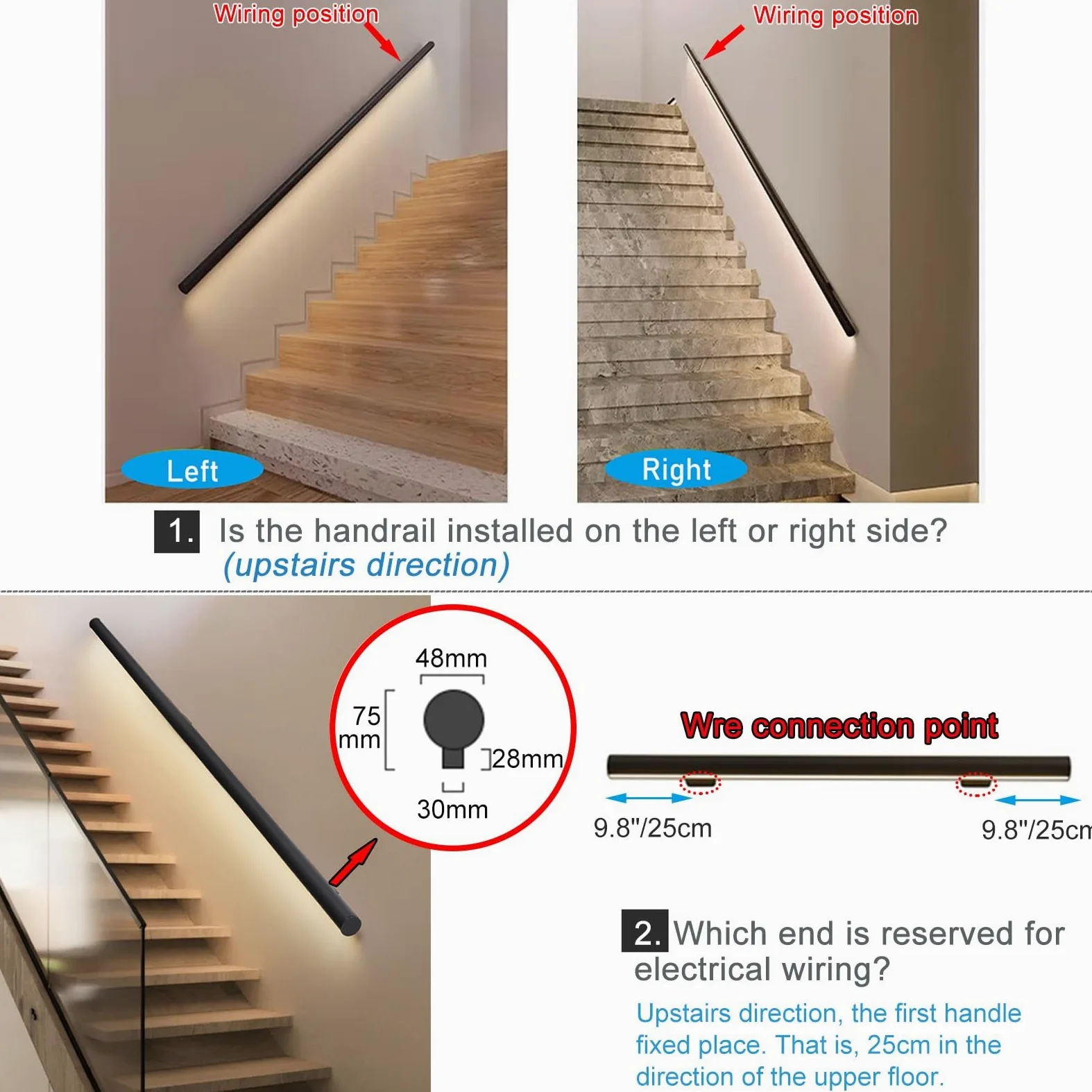 Sensore LED Mot Wall il Safe il per scale interne nero opaco lato sinistro 24in / 60 cm migliora sicurezza e visibilità